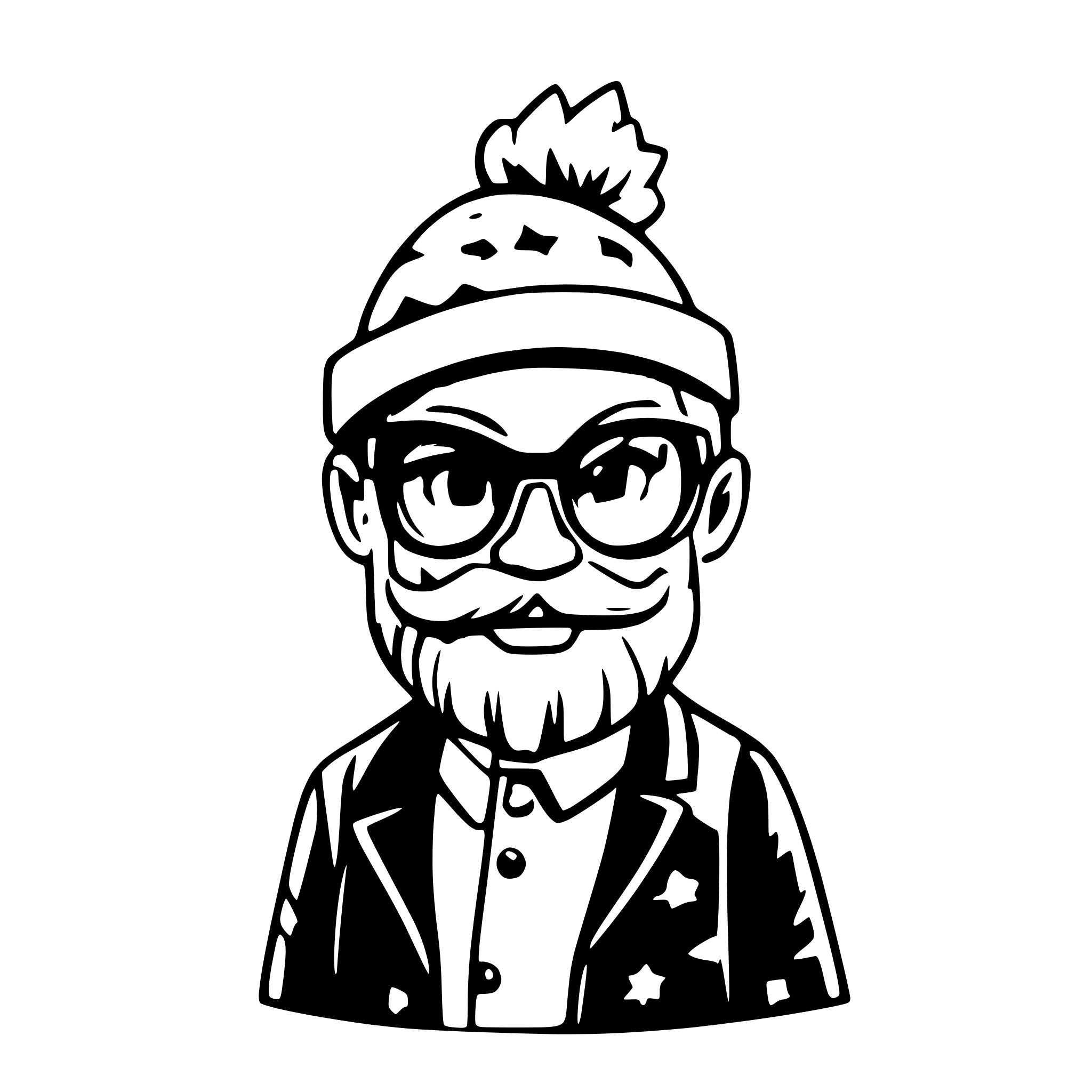 AI-generated SVG of a hipster santa with glasses face, black and white