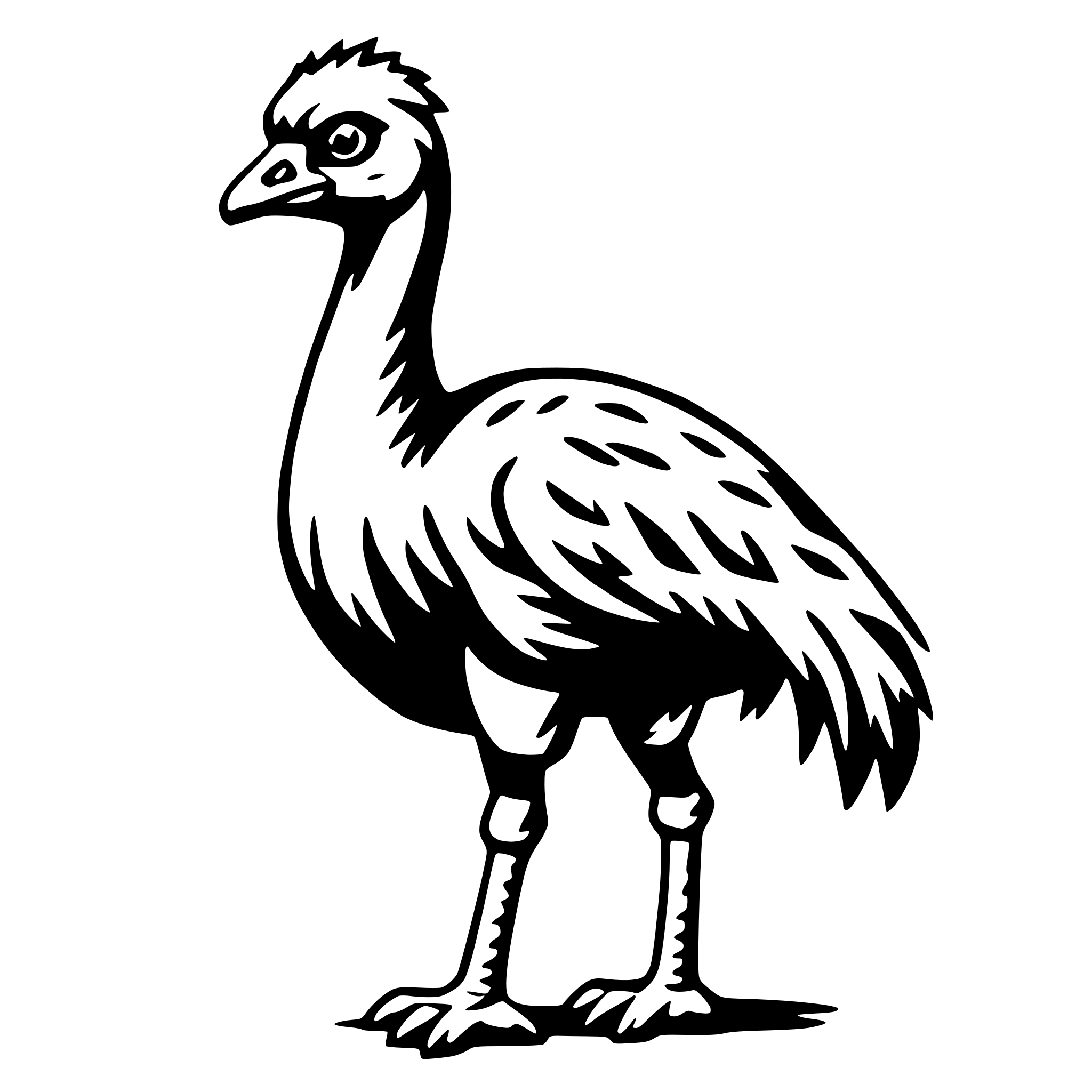 The SVG depicts a stylized, cartoon-like ostrich. The ostrich is standing upright with its head turned slightly to the left. It has a long neck, a prominent beak, and a pattern of feathers on its body. The ostrich's legs are thin and elongated, and it has two toes visible on each foot. The background is plain and does not interact with the ostrich. The SVG is simple and does not contain any additional objects or interactions. 