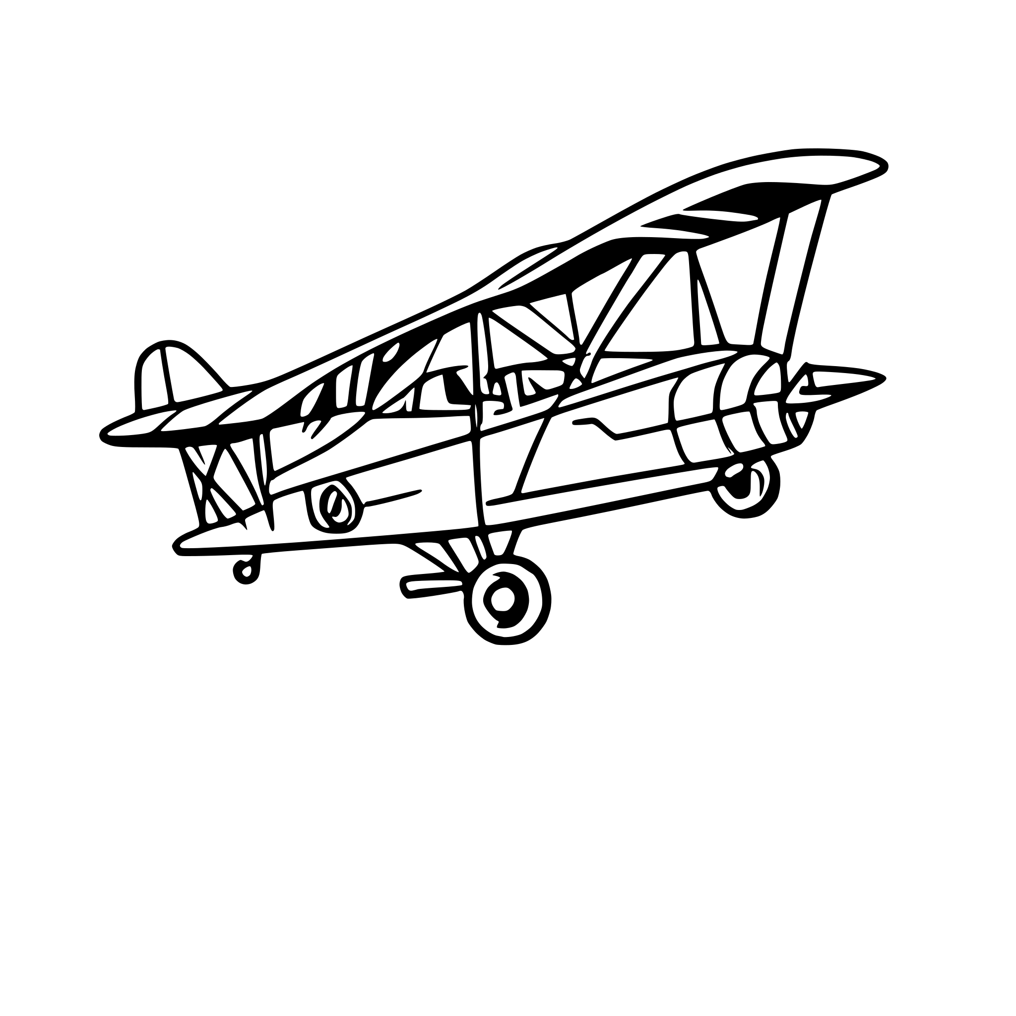 AI-generated SVG of '"A detailed line art illustration of a vintage biplane in profile view, flying towards the right. Style: vector, line art, black lines on transparent background.'