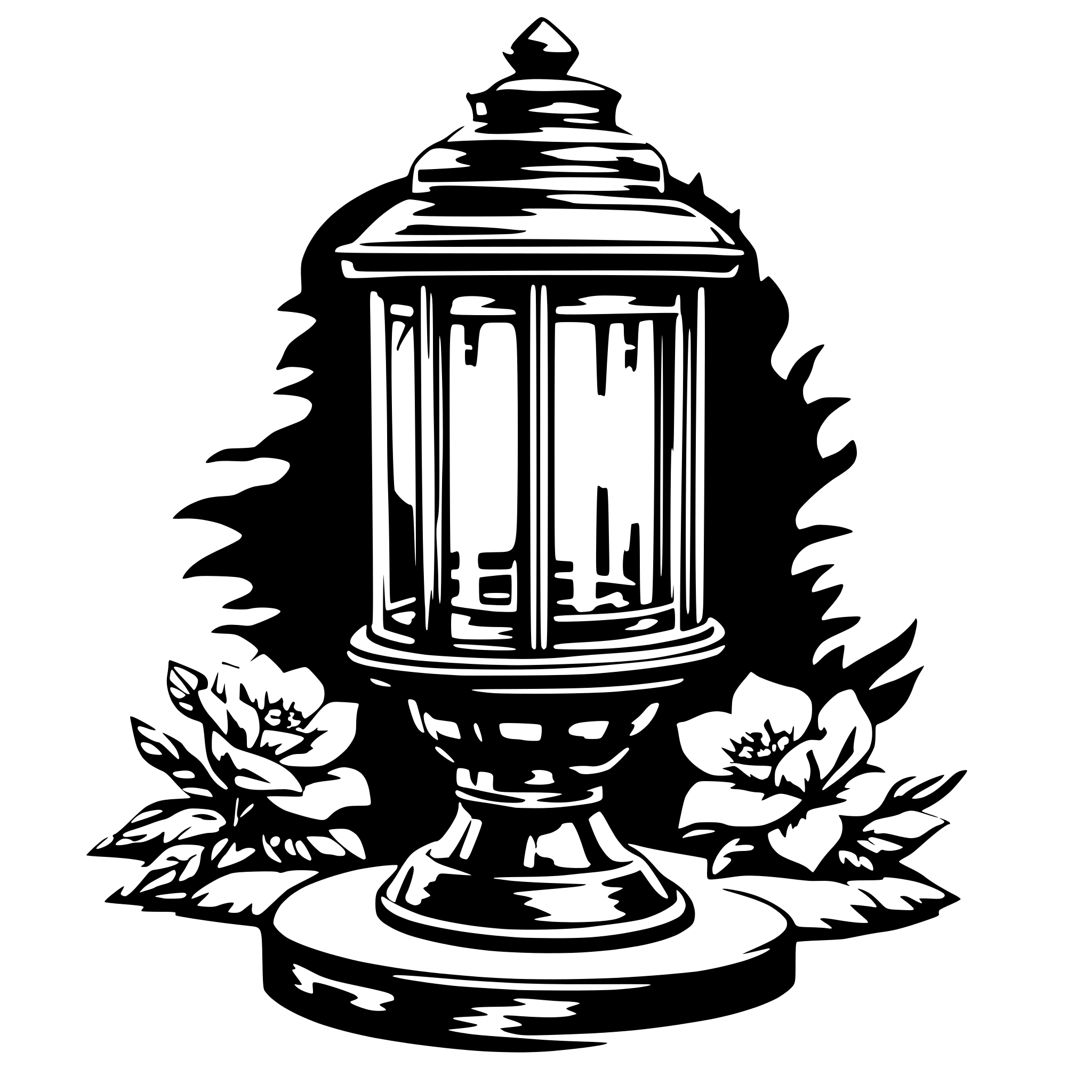 AI-generated SVG of a A black and white SVG drawing of an old-fashioned lantern with a glass casing and a curved handle on top. The lantern’s base and frame are decorated with floral patterns, and the glass shows light rays for effect.