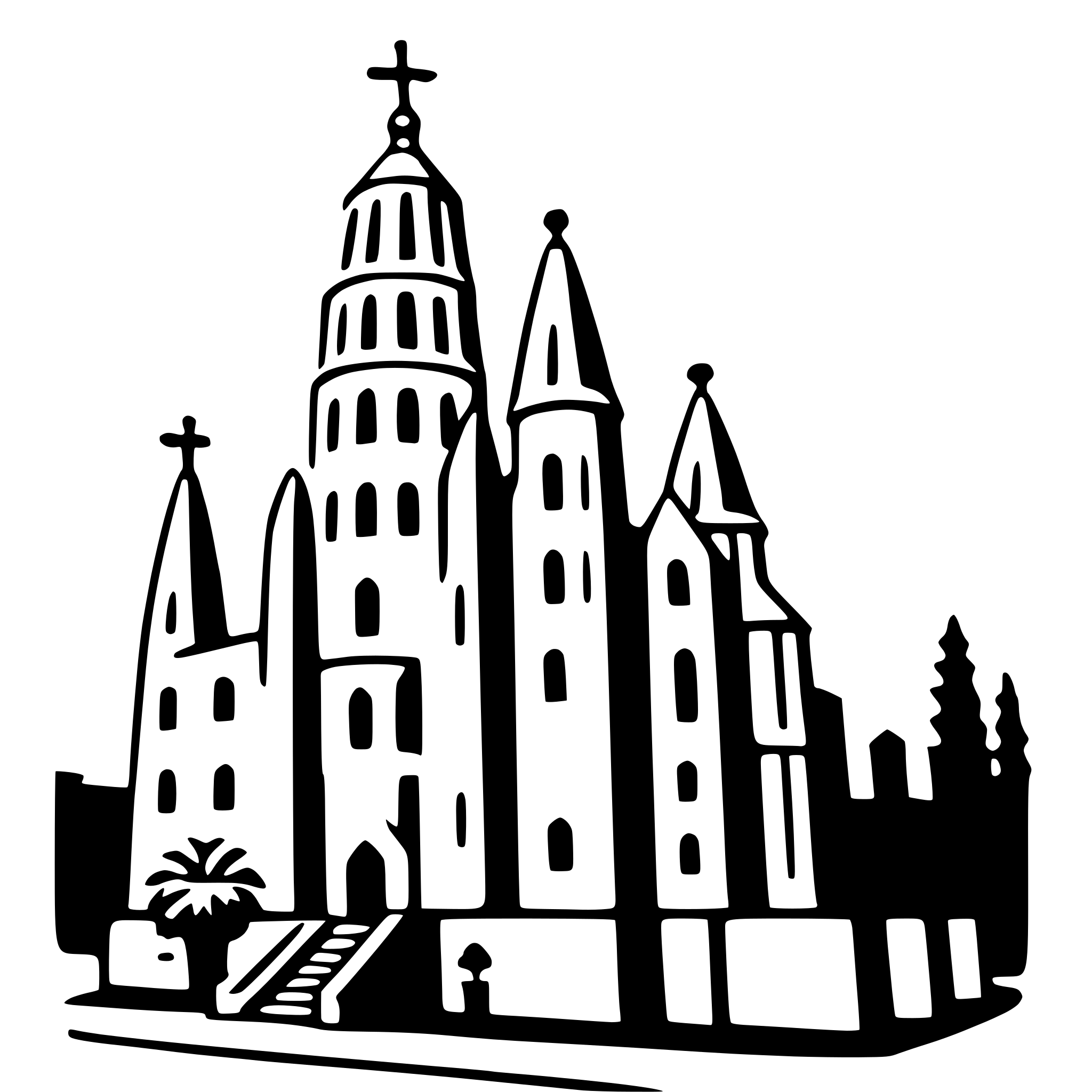 The SVG depicts a stylized, simplified illustration of a cathedral with a tall tower and a cross on top. The cathedral has multiple spires and is flanked by a smaller building on the left and a taller one on the right. In front of the cathedral, there is a staircase leading up to a door, and a small tree is visible to the left of the stairs. The illustration is monochromatic and uses solid lines and shapes to convey the architecture and elements of the scene. 