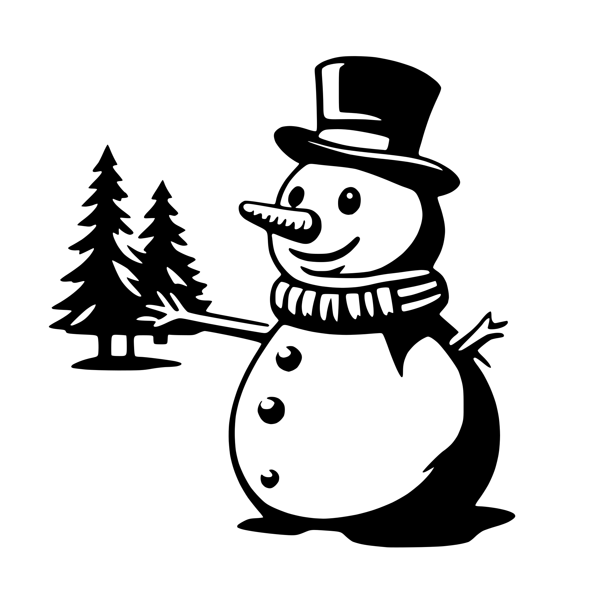 The SVG features a stylized, cartoon-like depiction of a snowman. The snowman is wearing a top hat and a scarf, and has a carrot for a nose. It is holding a small evergreen tree in its right hand. The background is plain white, which contrasts with the black outline of the snowman and the tree. The snowman is smiling and appears to be standing in front of the tree. 