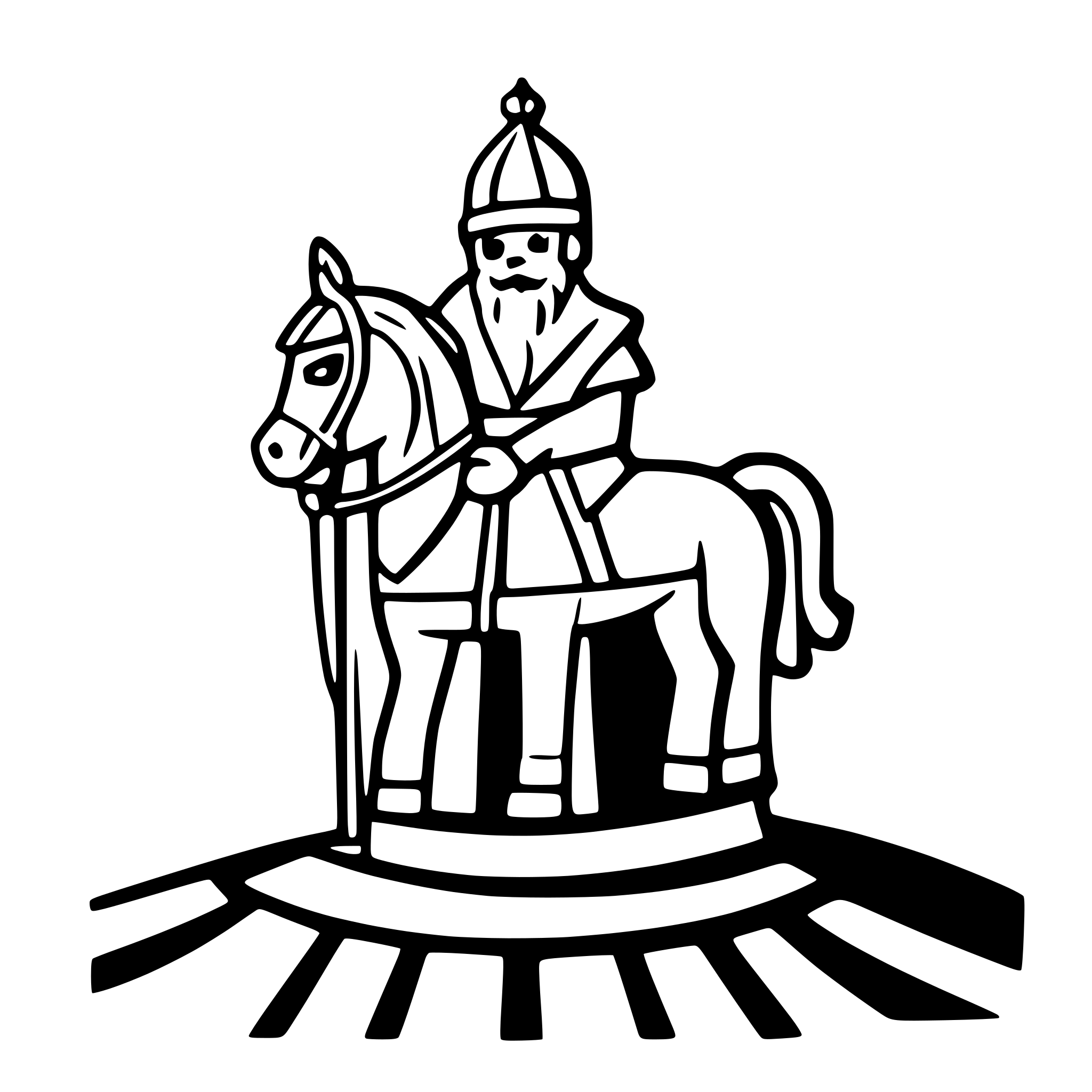 AI-generated SVG of a The SVG is a black and white line drawing of Sinterklaas (dutch). Sinterklaas is depicted with a side profile, sitting on a horse on top of a roof.The style of the drawing is simplistic and cartoon-like, with clean lines and minimal shading. The SVG does not contain any text or additional objects. .