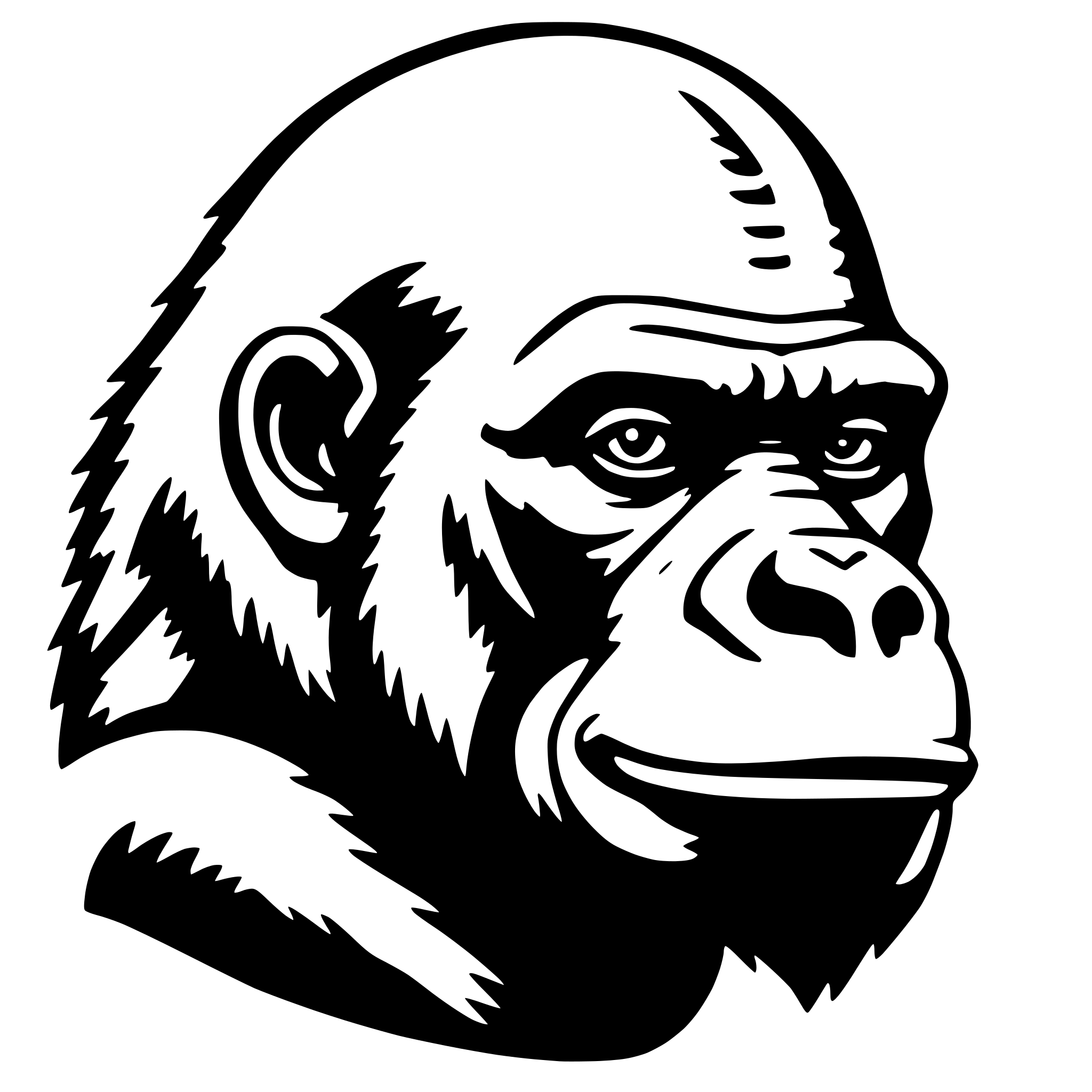 The SVG depicts a stylized, cartoon-like representation of a chimpanzee's head and upper shoulders. The chimpanzee has a prominent forehead, a large nose, and a wide mouth with visible teeth. The eyes are large and round, with a detailed expression that suggests a calm or neutral demeanor. The hair is depicted with a series of lines and curves to indicate texture and movement. The background is plain and does not interact with the chimpanzee. The SVG is a vector graphic, which means it is composed of lines and shapes that can be scaled without losing quality. 