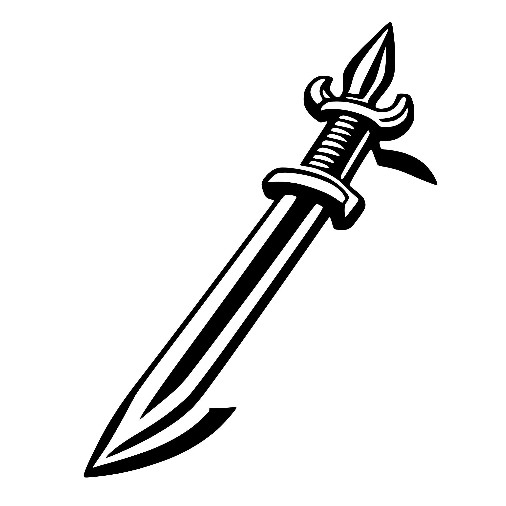 The SVG shows a stylized sword with a simple, clean design. The sword has a pointed tip and a curved blade with a slight serration near the hilt. The hilt is depicted with a circular grip and a small, decorative element at the top. The sword is oriented with the blade pointing downward and the hilt pointing upwards. The SVG is a vector graphic, which means it is composed of lines and curves that can be scaled to any size without losing quality. 