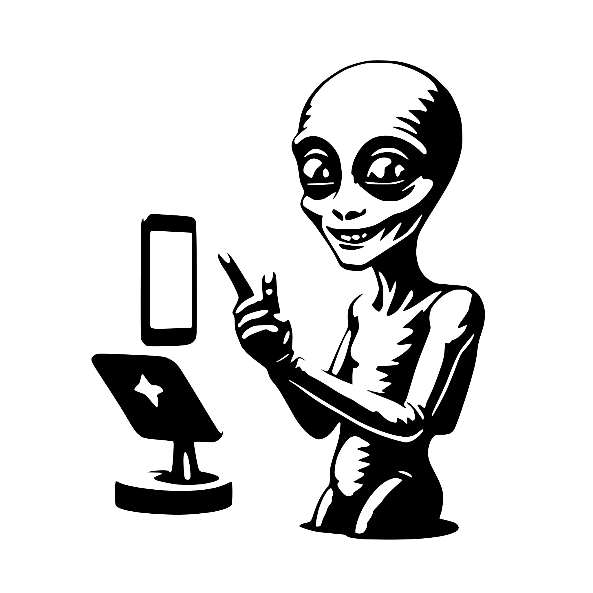 AI-generated SVG of a friendly alien with smartphone