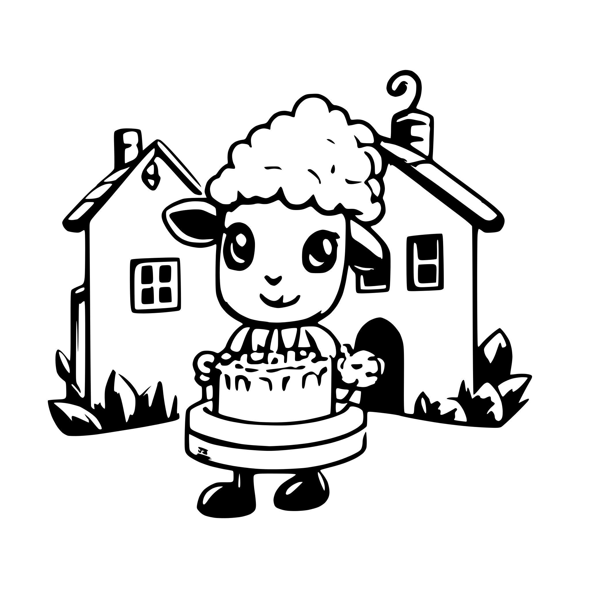 AI-generated SVG of a a cute sheep celebrating holding a birthday cake in front of a small house