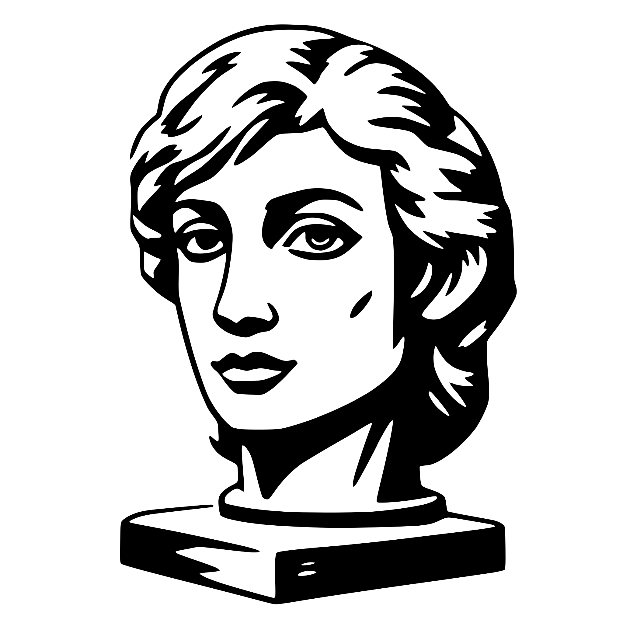 The SVG depicts a stylized, black and white portrait of a person's head and shoulders. The person has short, wavy hair and is looking directly at the viewer. The facial features are simplified, with the eyes, nose, and mouth being the most prominent. The person is wearing a collar, suggesting a formal or professional attire. The SVG is a vector graphic, which means it is composed of lines and shapes rather than a photographic SVG. The style is reminiscent of a classic bust or a caricature, with a focus on the contours of the face and the hair. 