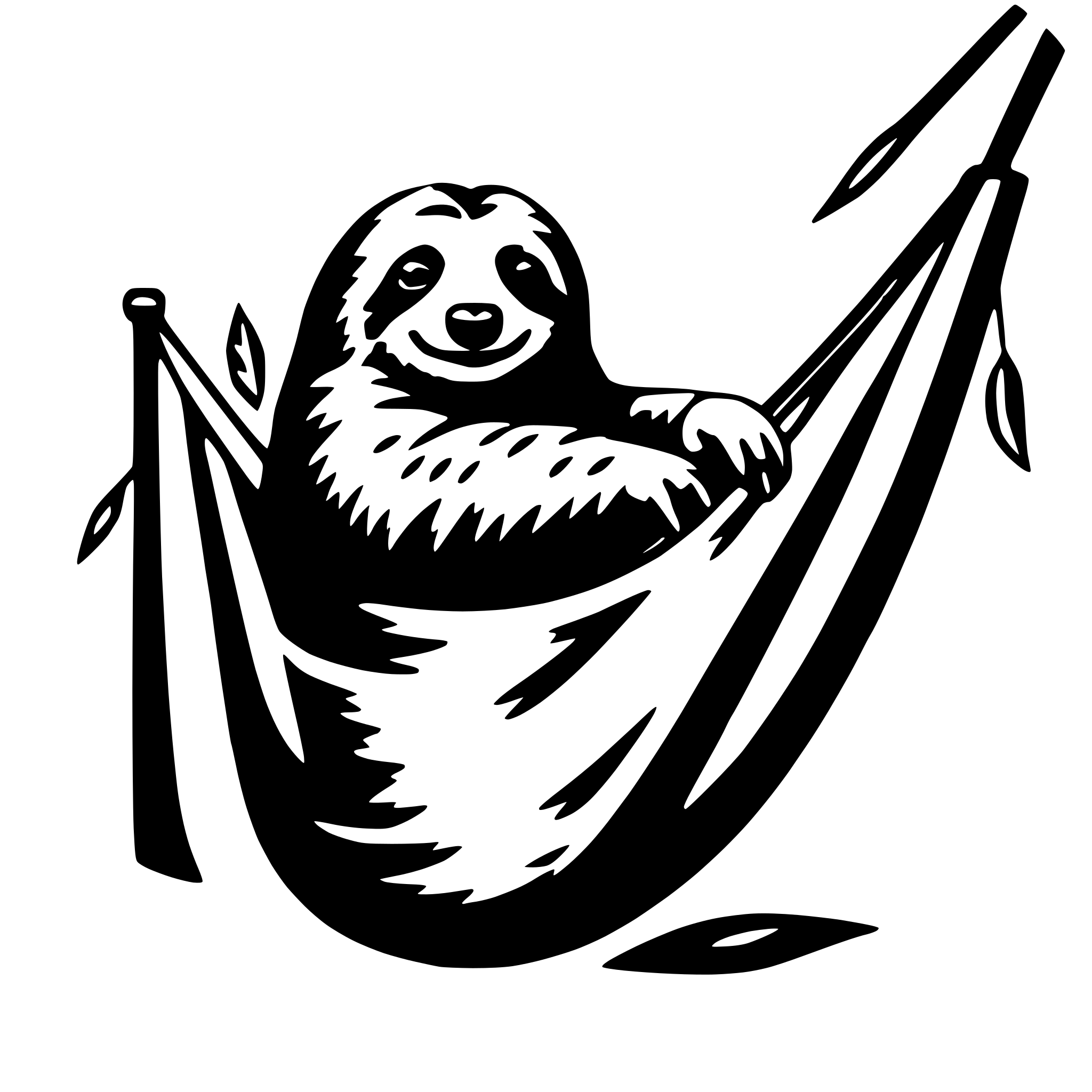 The SVG depicts a stylized, cartoon-like sloth sitting in a hammock. The sloth is curled up with its arms and legs tucked in, and it has a contented expression. The hammock is shown with a simple design, featuring two poles and a net-like structure that the sloth is resting on. The sloth's tail is hanging off the side of the hammock. The SVG is a vector graphic, which means it is scalable and can be resized without losing quality. 
