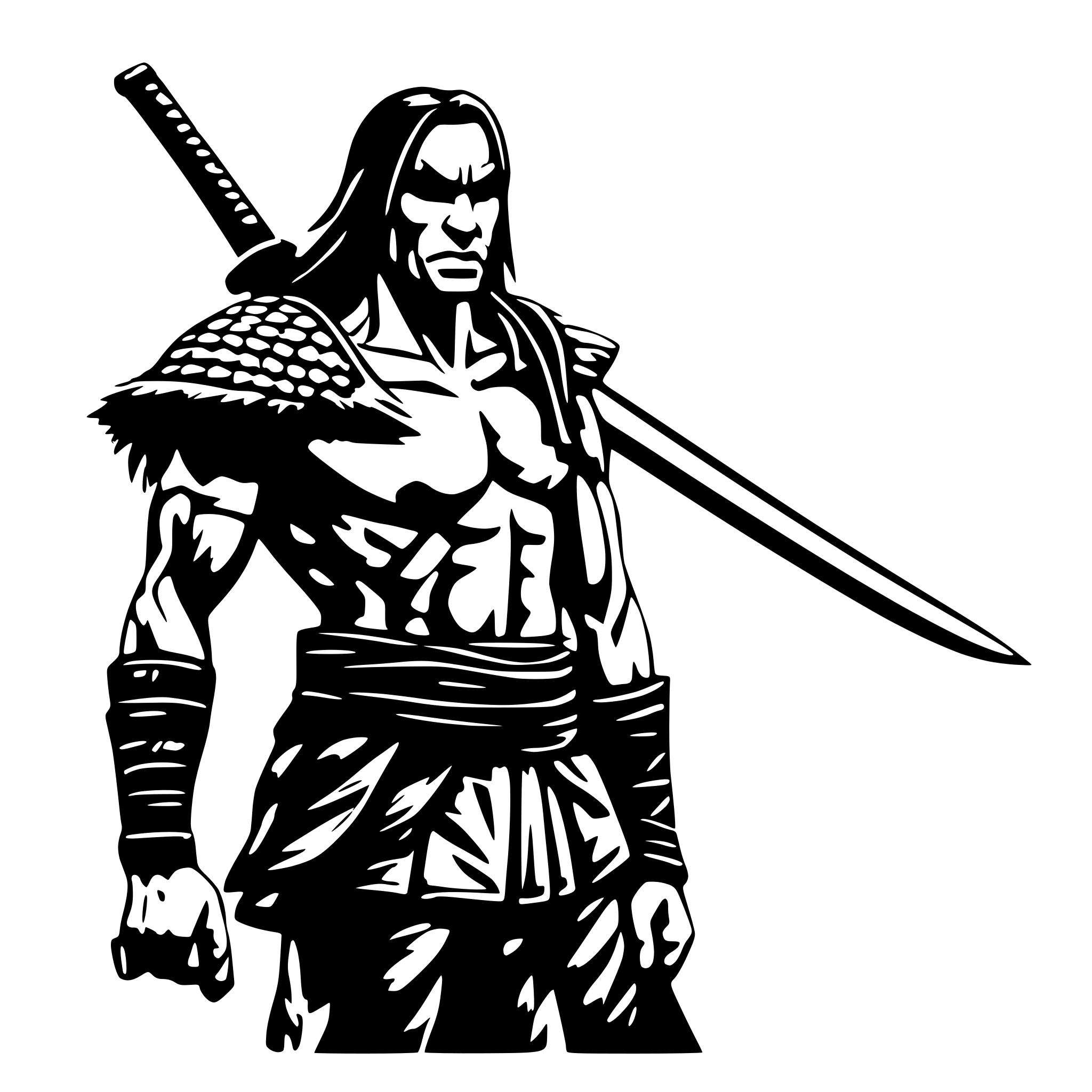 AI-generated SVG of 'make something like a Kratos of god of war with a samurai hair and katana showing angry on face all body many muscle'