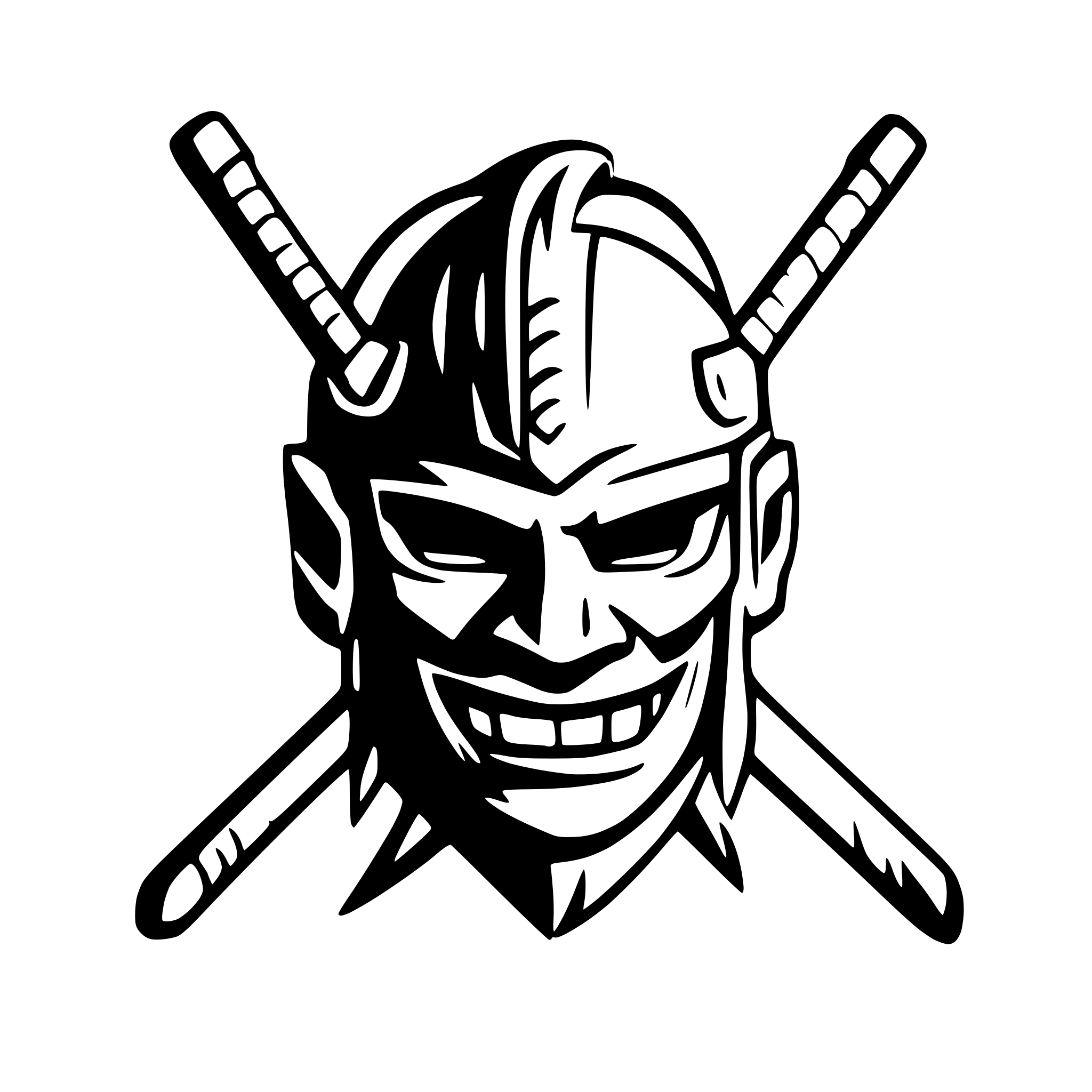 AI-generated SVG of a a logo of a detailed samurai oni mask and helmet with crossed katanas behind