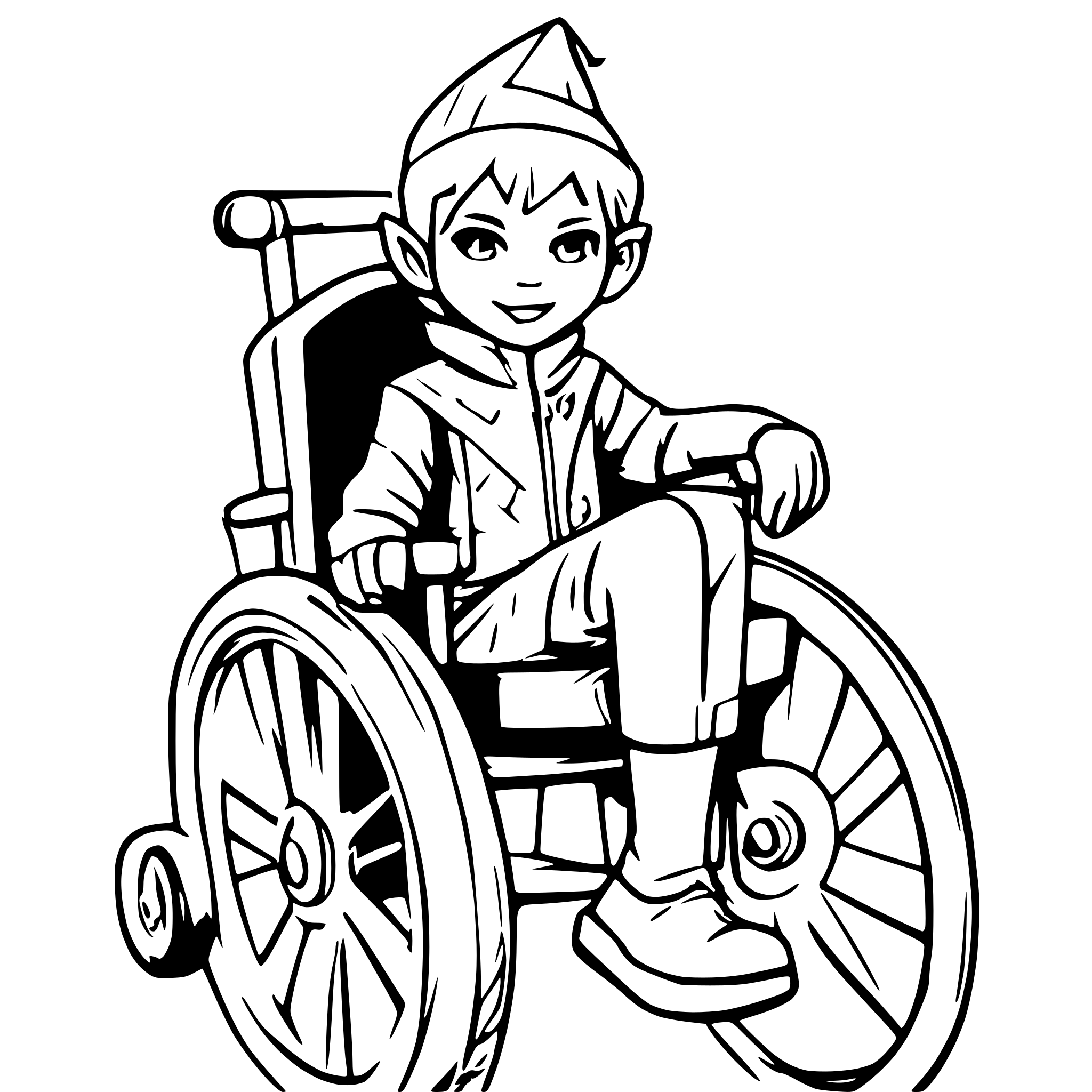 AI-generated SVG of a Boy dressed in elf costume sitting in a custom wheelchair nostalgic