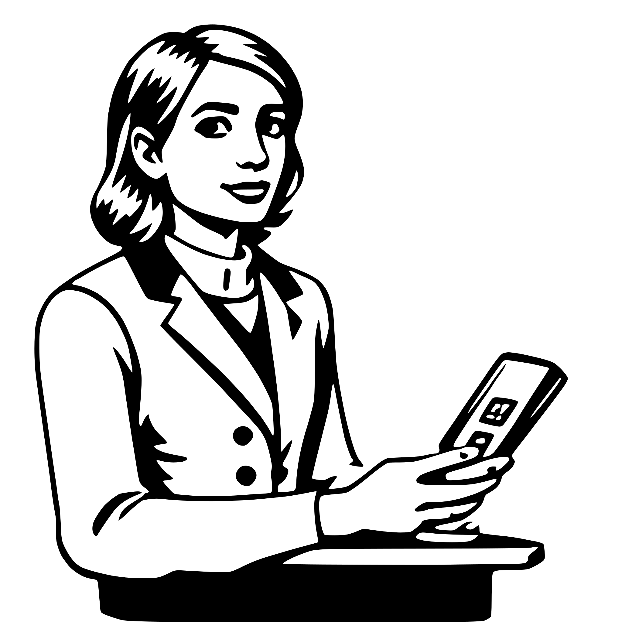 The SVG depicts a stylized illustration of a woman. She is wearing a suit with a blazer and a collared shirt, and her hair is styled in a bob. The woman is holding a smartphone in her right hand, which is raised slightly above her waist. Her left hand is resting on a desk or table, which is not fully visible. The woman appears to be engaged in an activity on her phone, possibly texting or browsing. The overall style of the illustration is simple and cartoonish, with solid lines and minimal shading. 