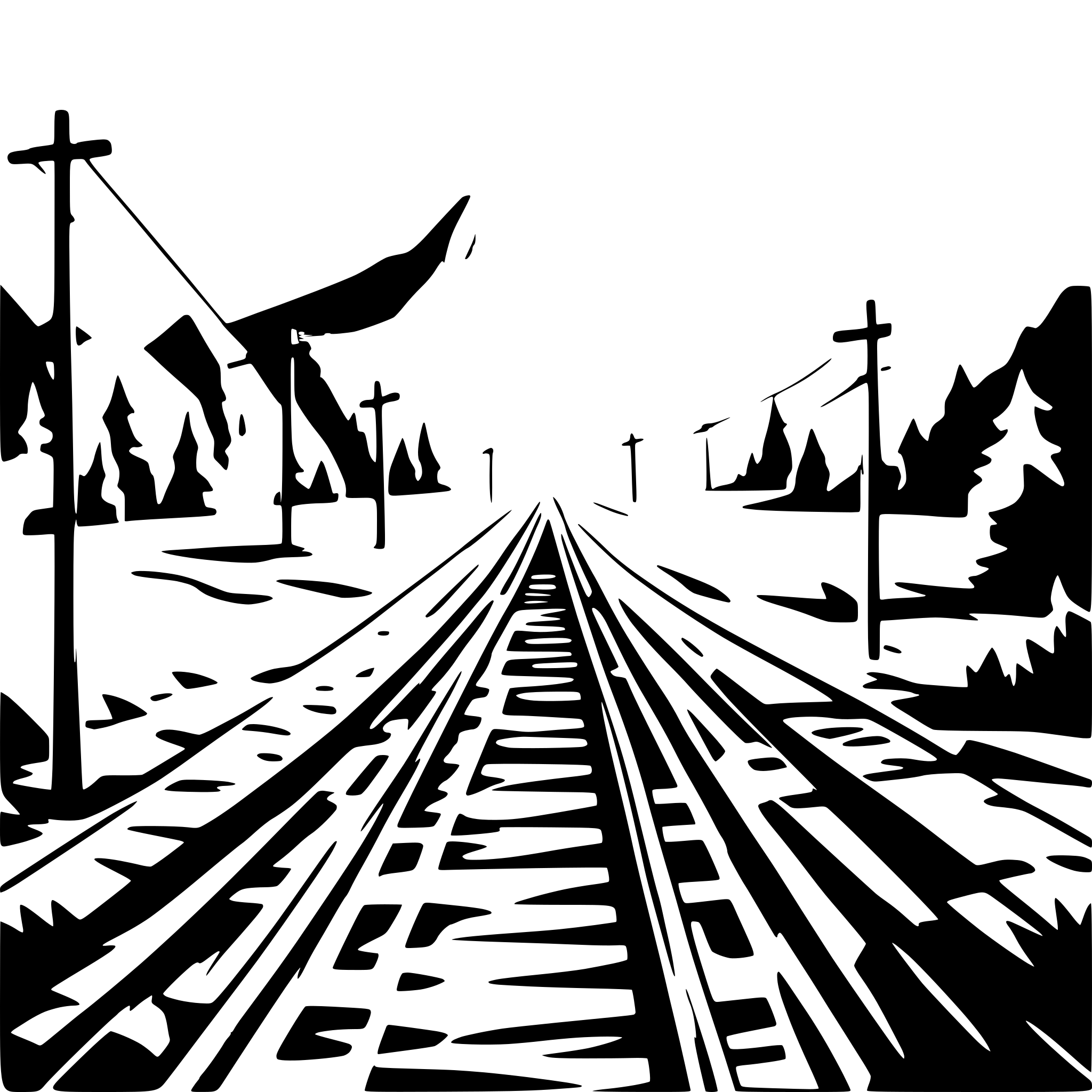 AI-generated SVG of a railroad line disappearing in background landscape mountains double track electric european