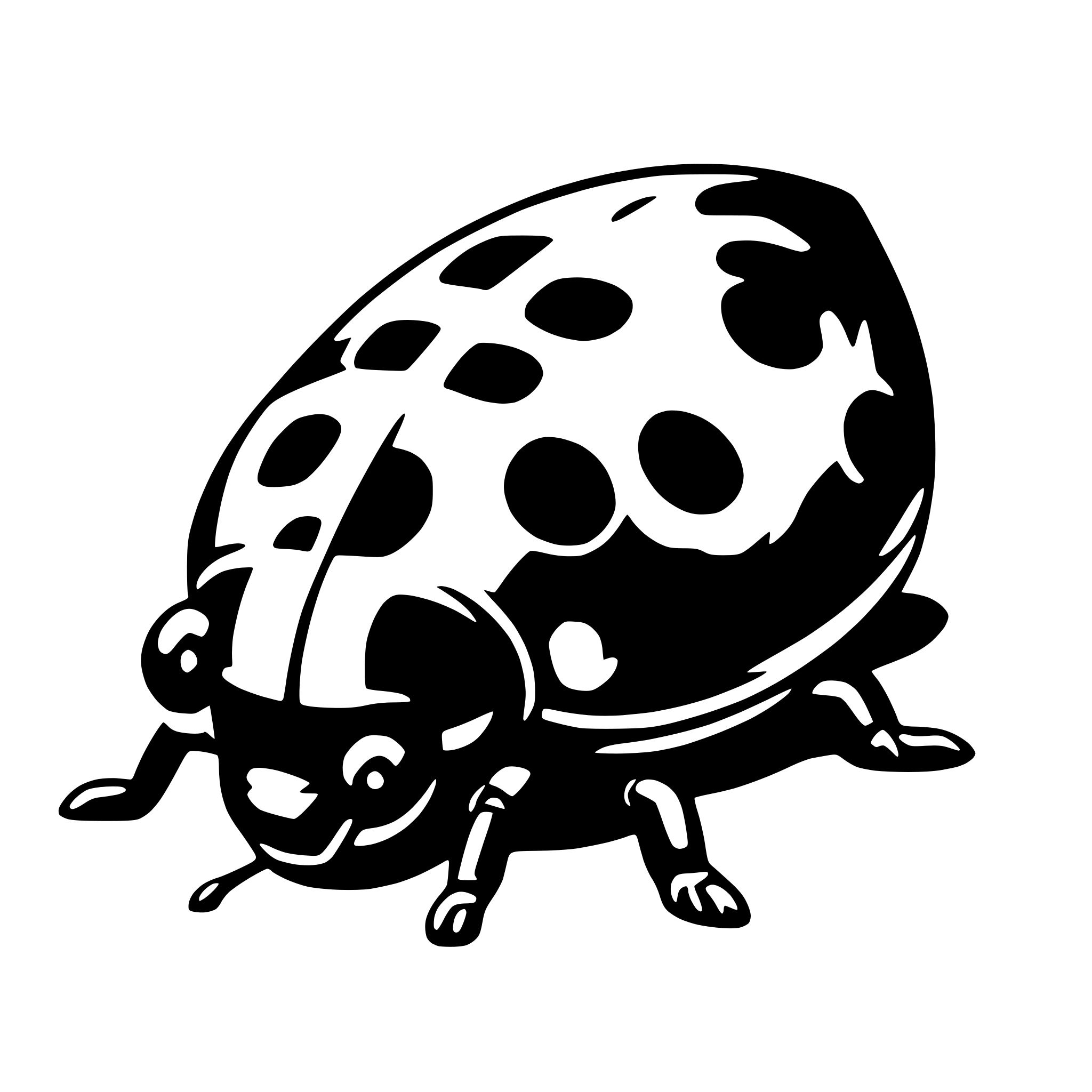 The SVG depicts a stylized, cartoon-like illustration of a ladybug. The ladybug is shown in profile, facing to the right, with its elytra (wing covers) spread out. It has a prominent head with large, round eyes, and its antennae are extended forward. The body of the ladybug is oval with a pattern of dark spots on a lighter background, and it has six legs. The style of the illustration is simple and graphic, with clean lines and a limited color palette. 