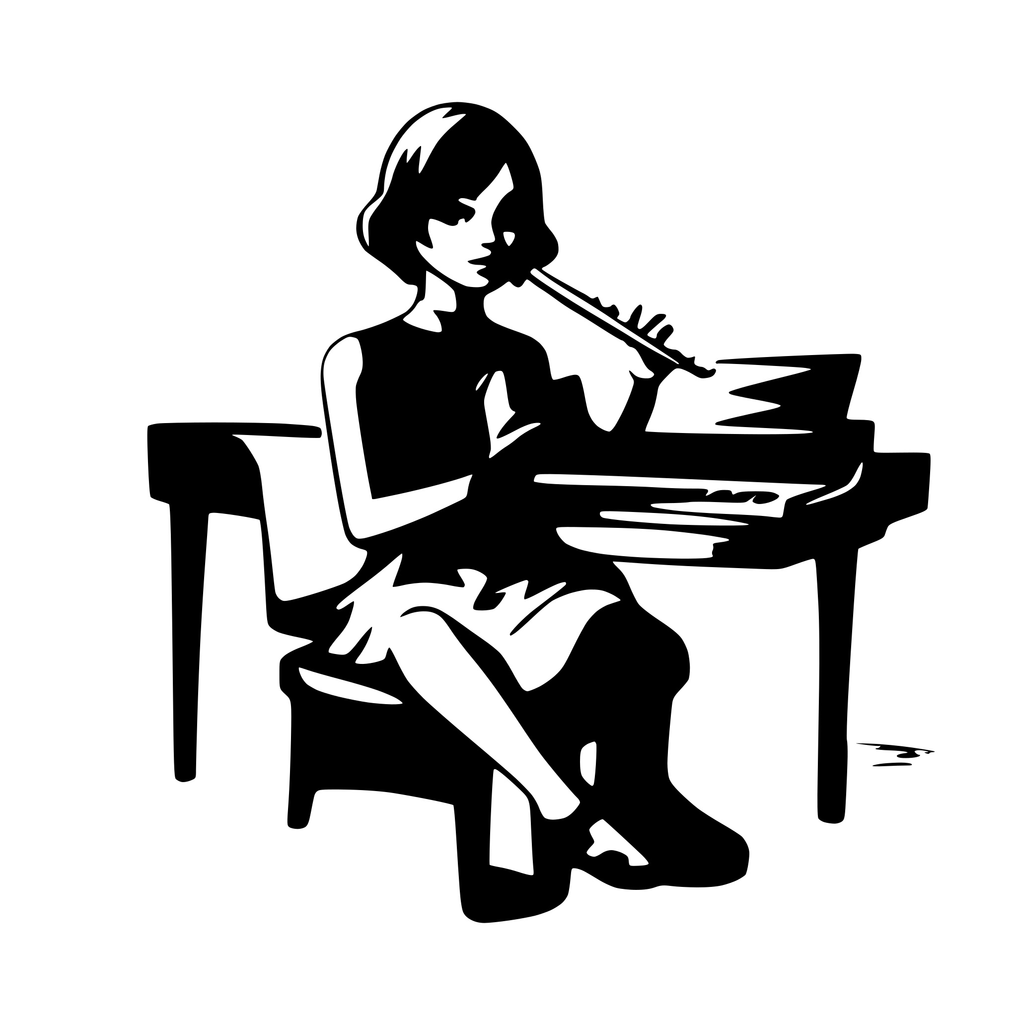AI-generated SVG of a create a vector image with not too many details, monocrom. female figur with short hair playing piano and guitar with notes arond