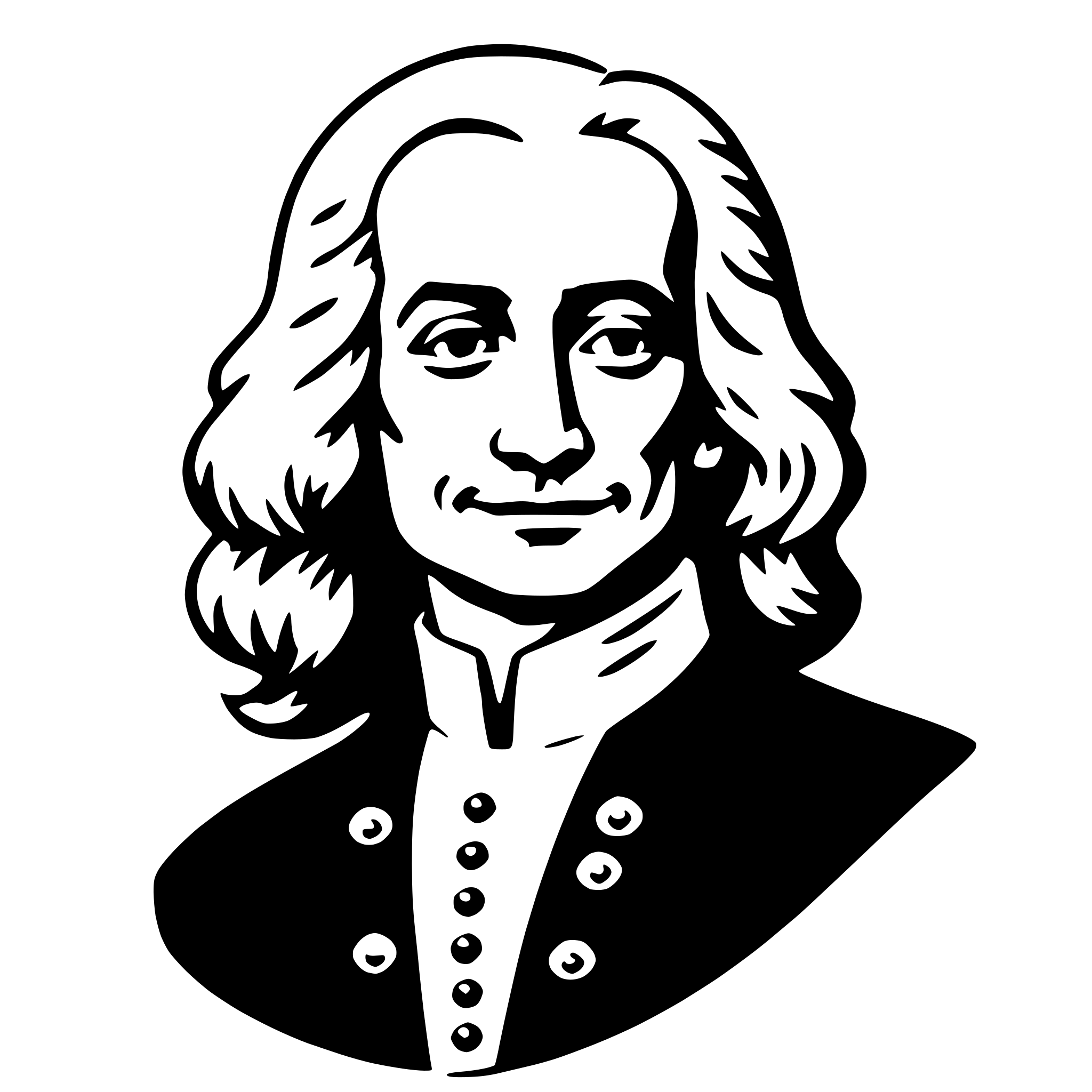 The SVG is a black and white vector illustration of a man's portrait. The man is depicted with a full head of hair, styled in a manner that suggests it might be from a historical period. He has a prominent nose, a slight smile, and his eyes are looking directly at the viewer. He is wearing a dark jacket with a white shirt and a white collar, which is typical of formal attire from certain historical periods. The SVG is simple and does not contain any additional objects or interactions. The man's pose is neutral, and there is no indication of movement or action. The SVG is a clear representation of a man's portrait, with no additional elements or distractions. 
