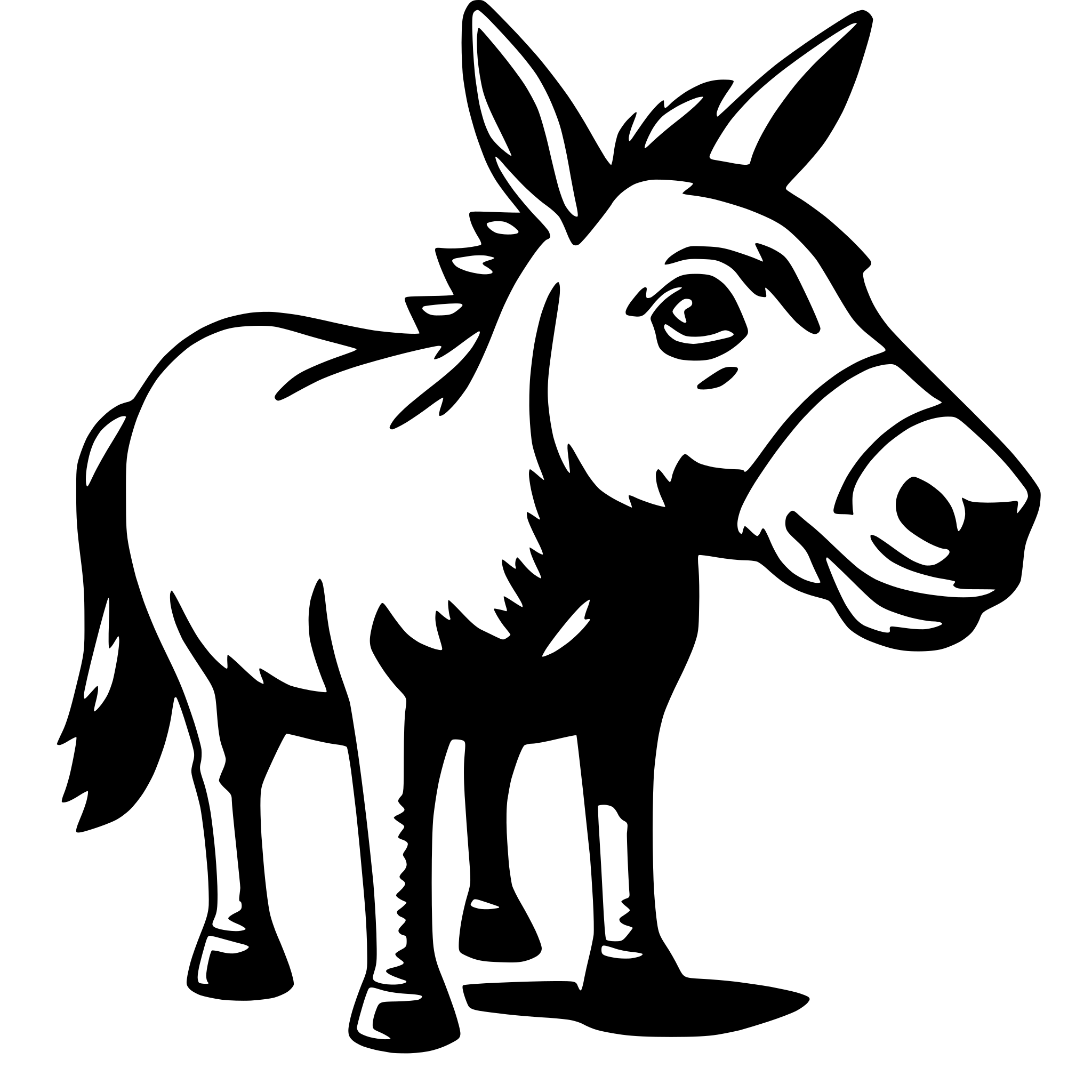 The SVG depicts a simple line drawing of a donkey. The donkey is standing with its head turned slightly to the left, and it has a prominent nose and ears. The tail is also visible, and the donkey appears to be standing on all fours. The SVG is a vector graphic, which means it is composed of lines and shapes that can be scaled without losing quality. There is no interaction between objects in this SVG, as it is a single, static SVG. 