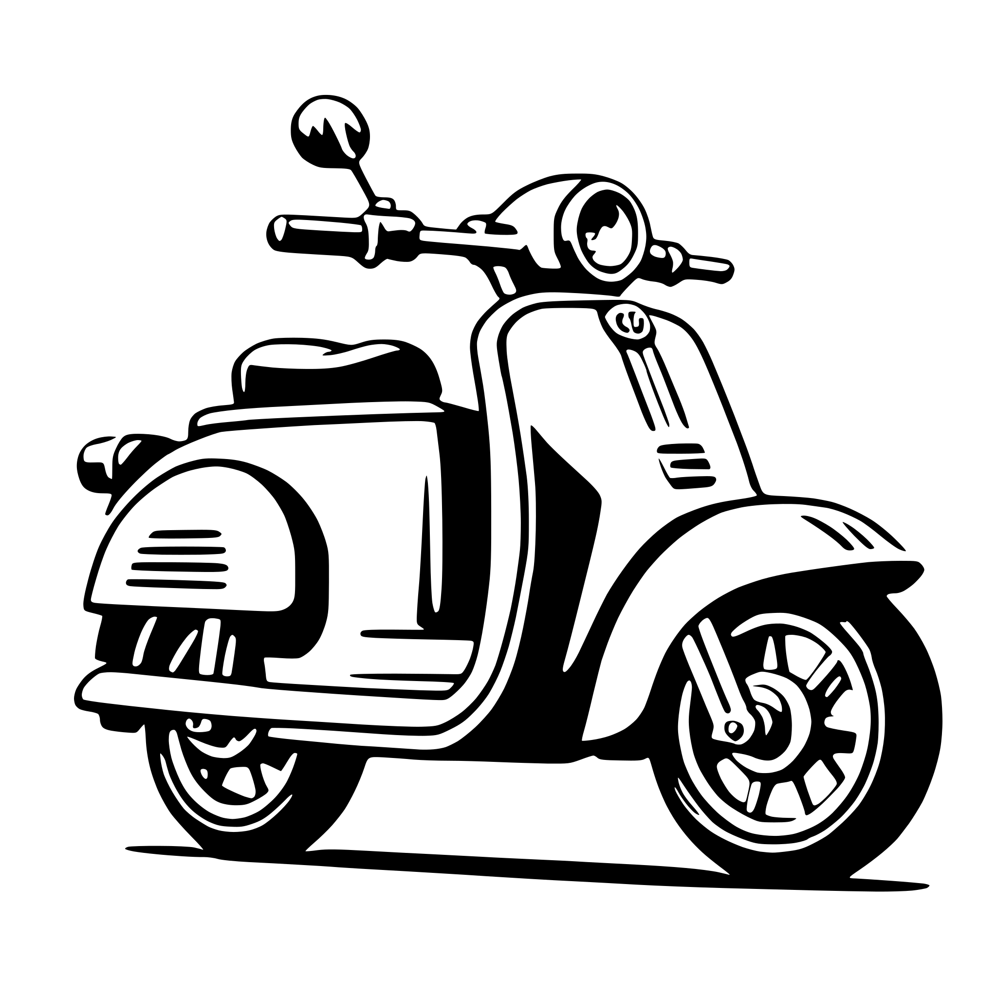 The SVG depicts a classic, black-and-white illustration of a moped. The moped is shown in profile, with the front wheel on the left and the rear wheel on the right. It features a round headlight, a small front fender, a single-cylinder engine, and a step-through frame. The seat is visible, and the handlebars are equipped with rearview mirrors. The moped is parked on a flat surface, and there are no other objects or interactions depicted in the SVG. 