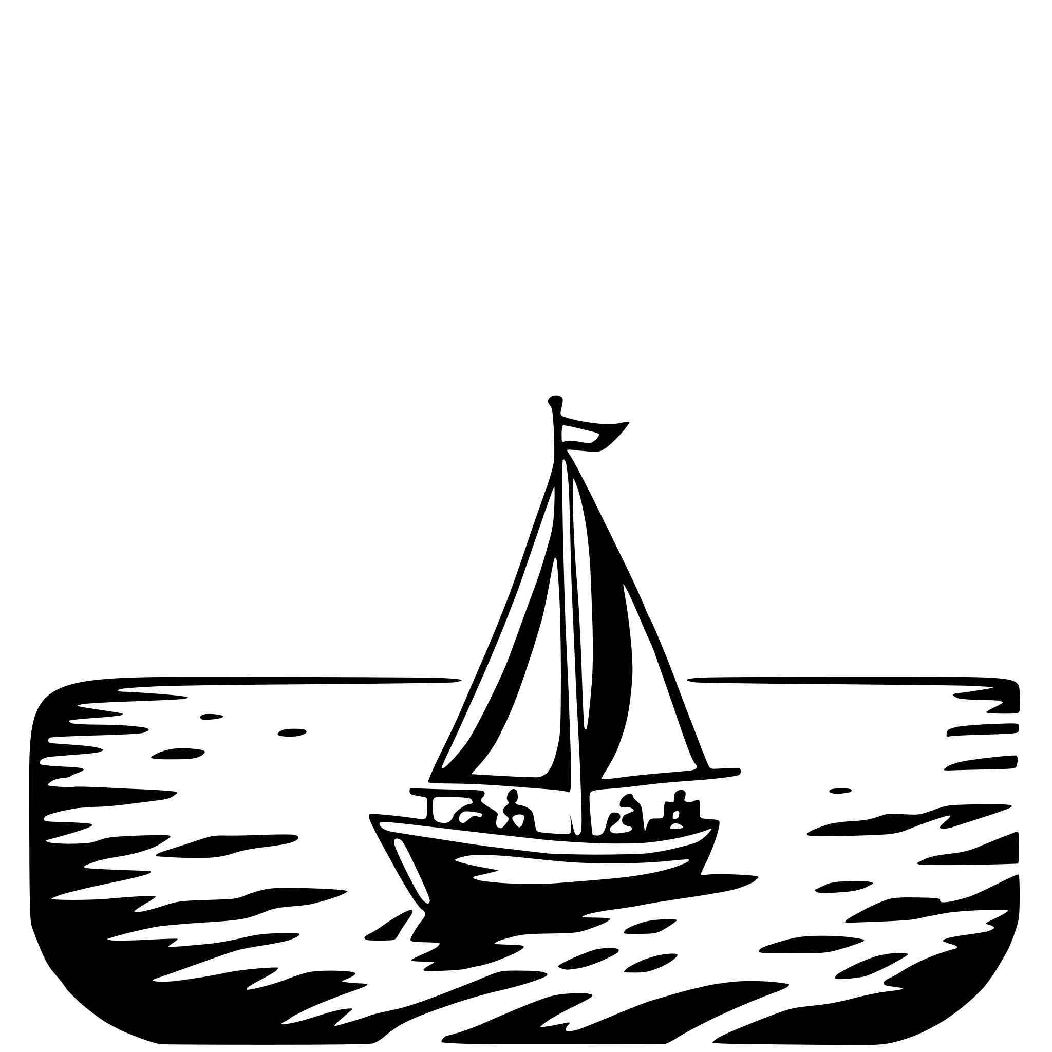 The SVG depicts a simple line drawing of a sailboat on a body of water. The boat has a single sail, which is raised, and there are three figures on the deck, likely representing crew members. The water is depicted with ripples, suggesting movement or wind. The boat is oriented towards the right side of the SVG, and the sail is angled to catch the wind, indicating that the boat is in motion. The overall style is minimalistic and uses negative space to define the shapes. 