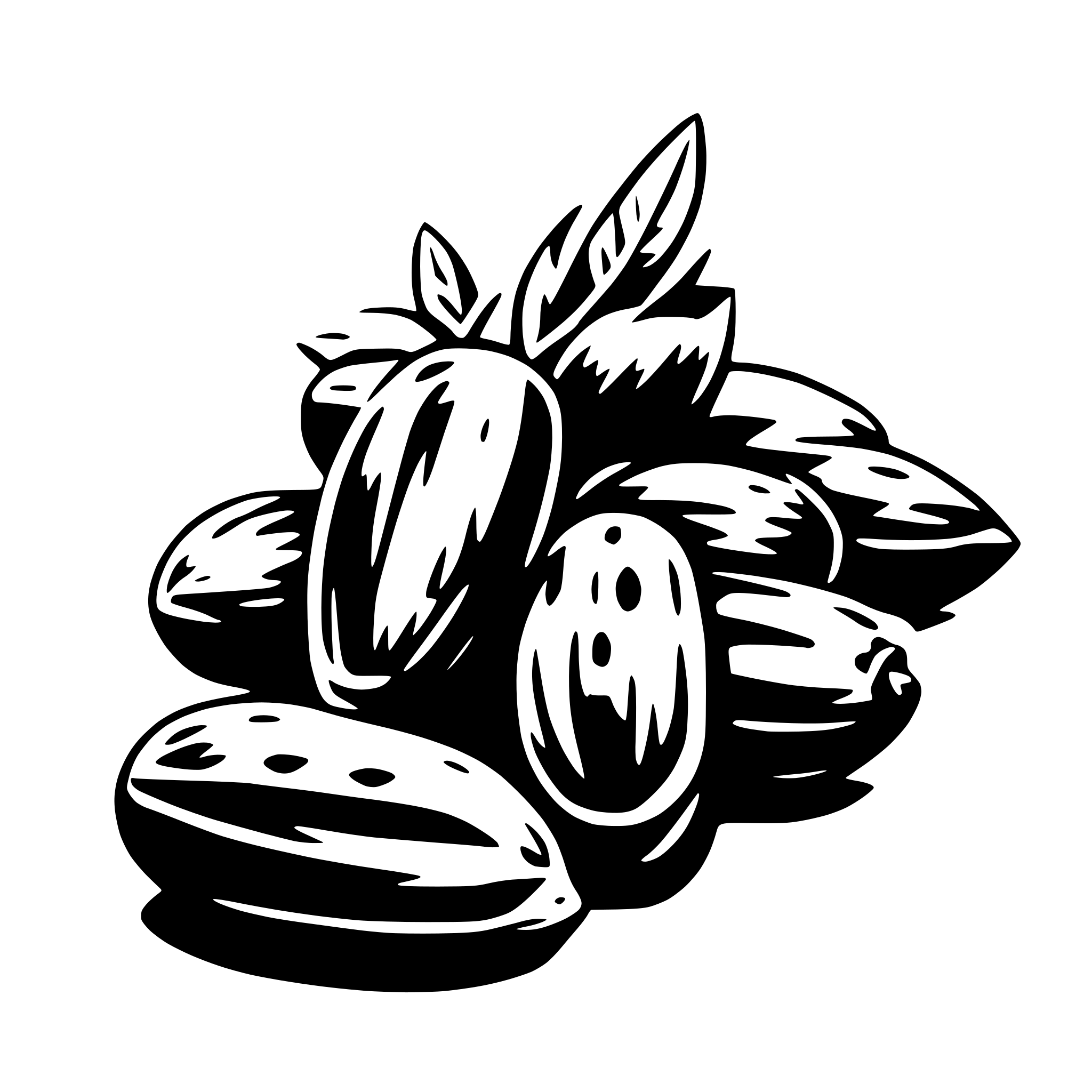The SVG depicts a collection of fruits, which appear to be bananas, given their elongated shape and the presence of a leaf at the top. The bananas are arranged in a somewhat haphazard manner, with some overlapping and others stacked on top of each other. The leaf at the top is larger and more detailed than the others, which are smaller and less distinct. The overall impression is of a bunch of bananas, possibly ready for consumption or sale. 