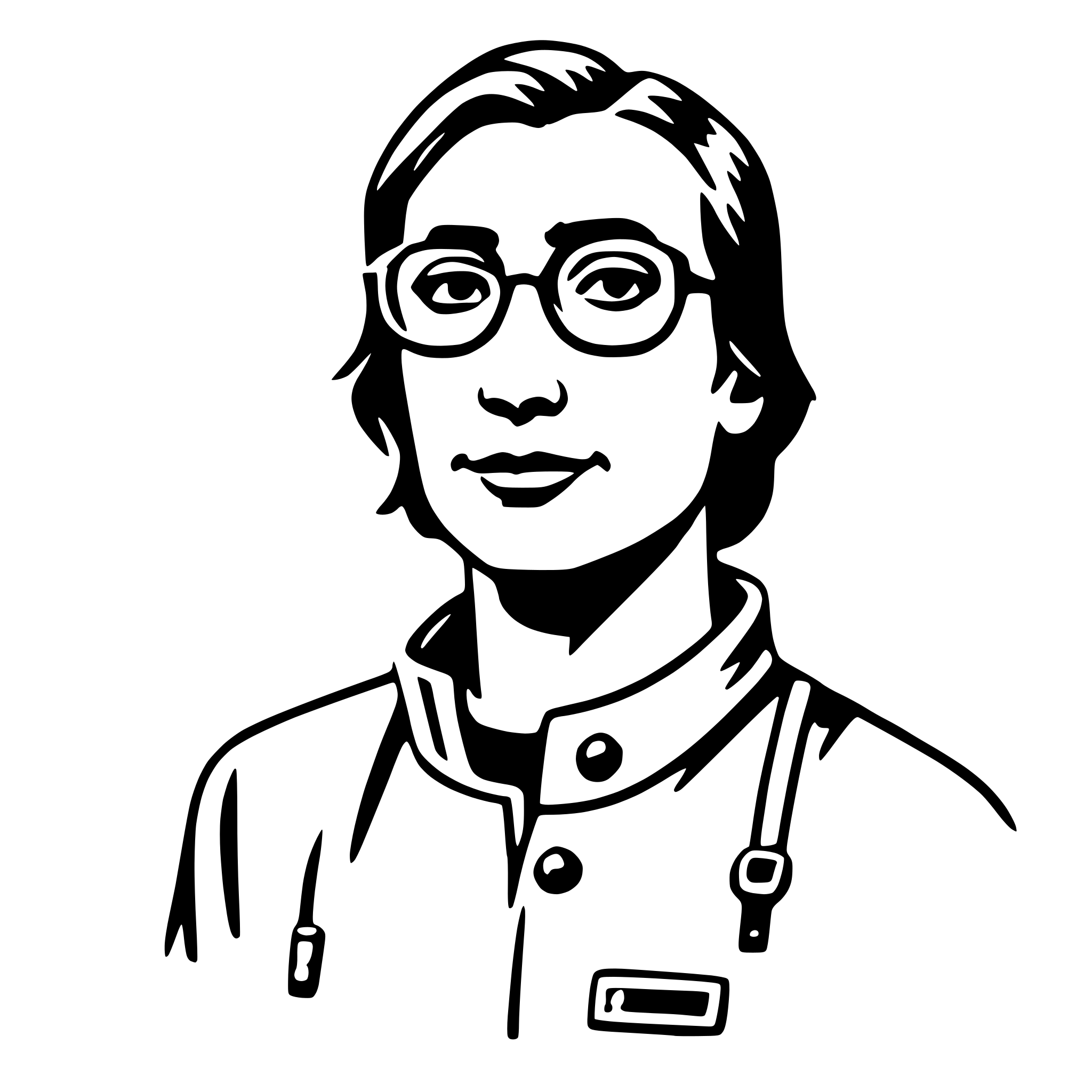 The SVG is a black and white line drawing of a person. The person is depicted with short hair, wearing glasses with a thick frame, and a collared shirt with a visible name tag. The style is simplistic and cartoon-like, with minimal shading and detail. The person is facing the viewer directly, and the overall impression is one of a professional or academic setting. 