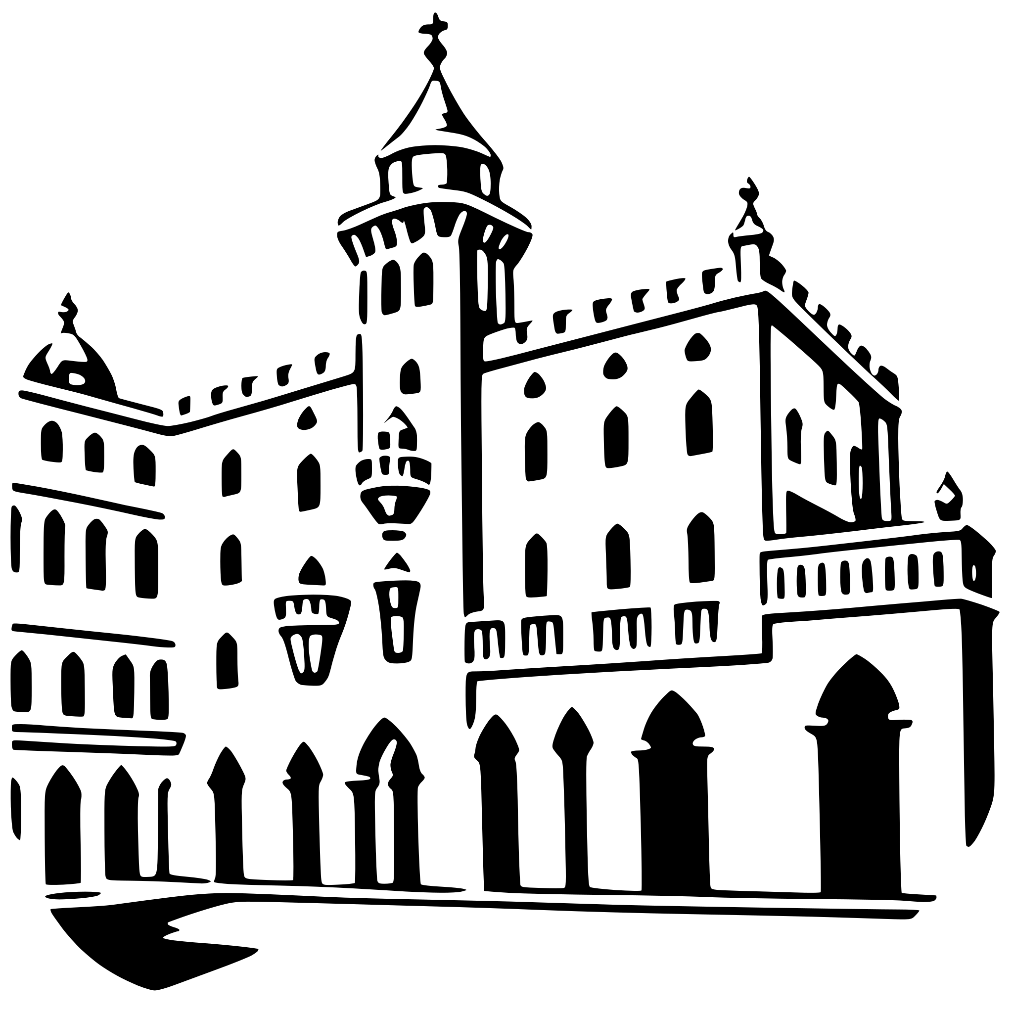 The SVG depicts a stylized, monochromatic illustration of a large, ornate building with a prominent tower. The building features multiple arched windows and doors, with the central entrance flanked by columns. The tower has a pointed roof and a smaller spire at the top. The architecture suggests a historical or institutional style, possibly a church or a university building. The illustration is simplistic, with clean lines and minimal shading, emphasizing the building's silhouette and architectural details. 