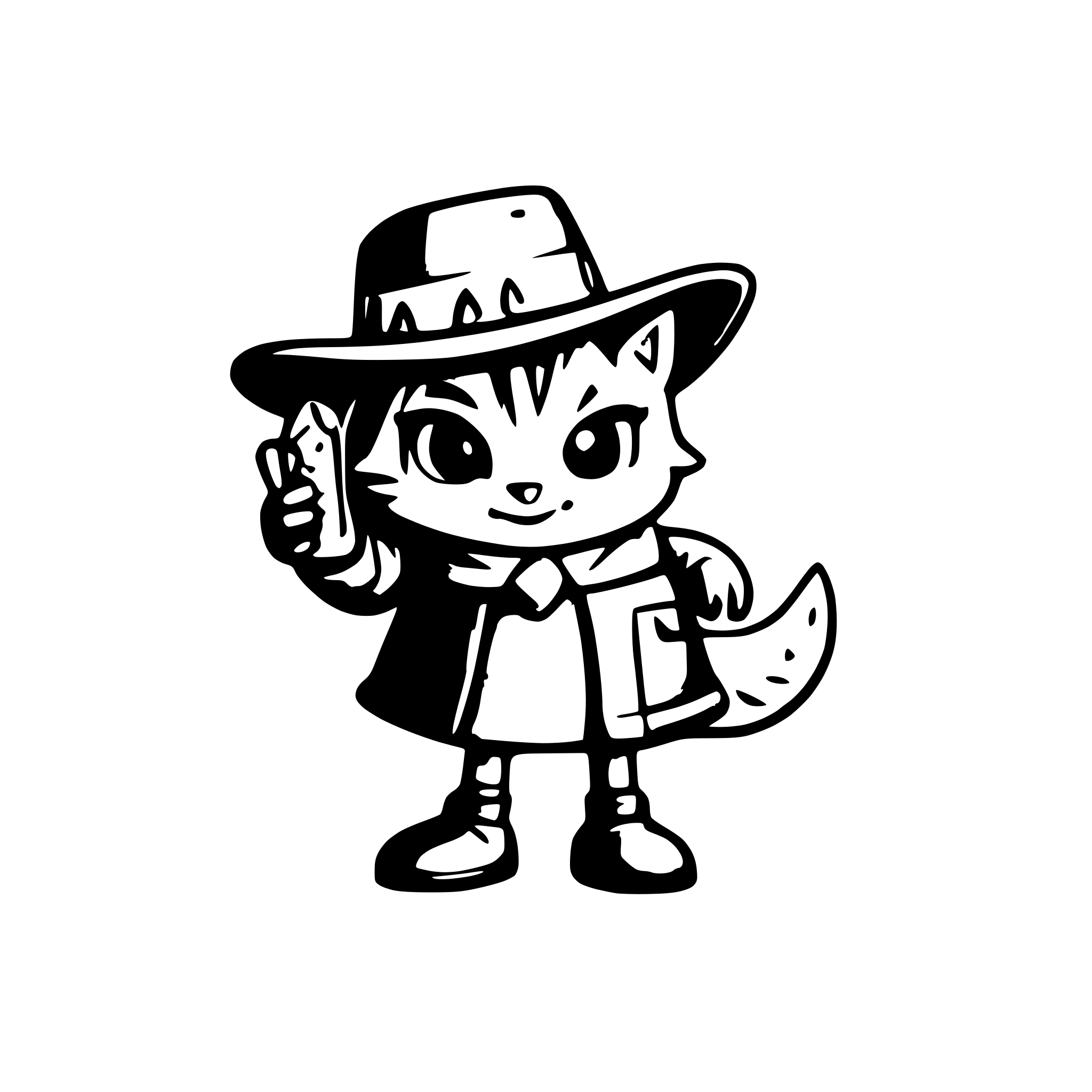 AI-generated SVG of a Female cat dressed in cowboy boots and cowboy hat holding up 2 fingers on one hand and heating a hot dog