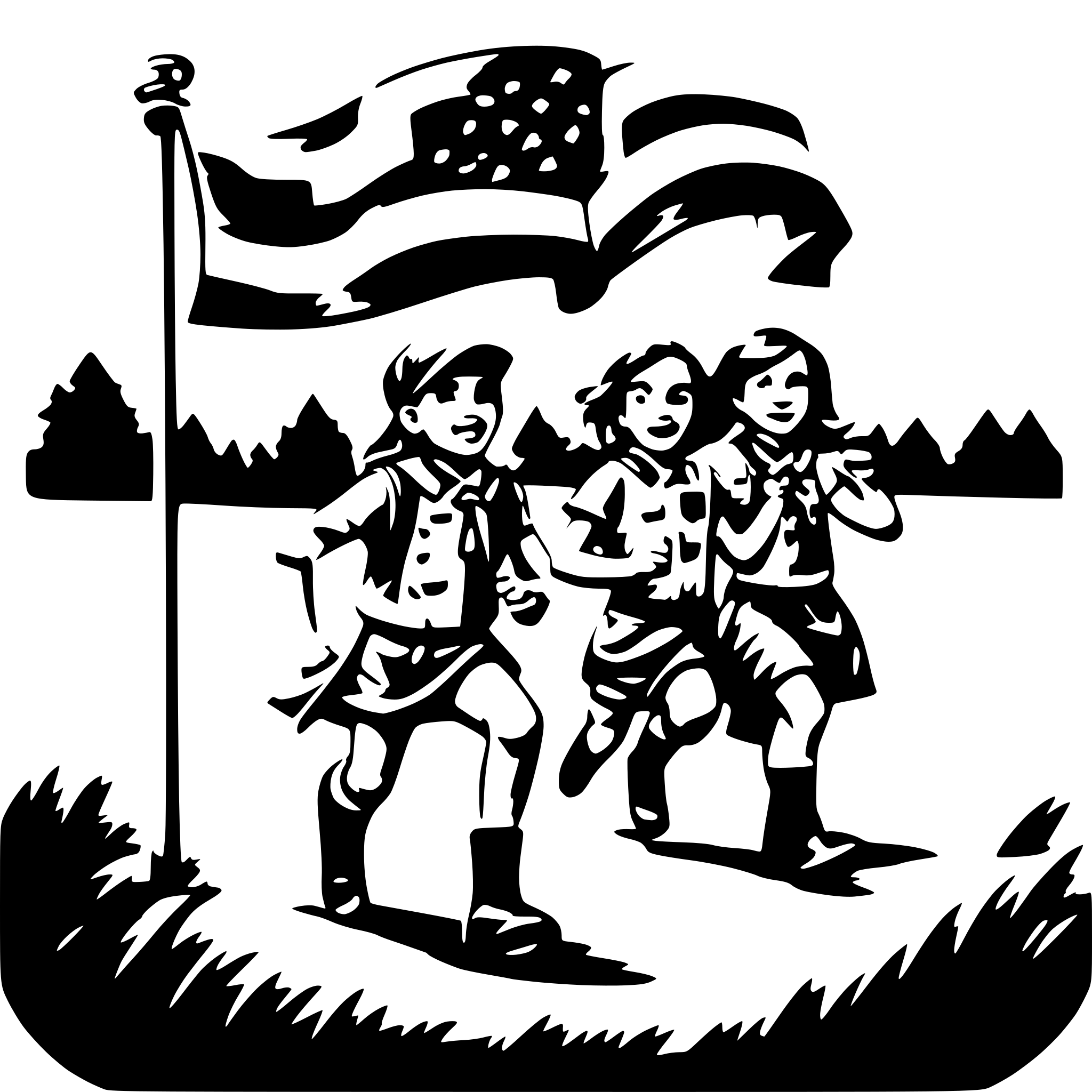 AI-generated SVG of 'scout children running around the flag'
