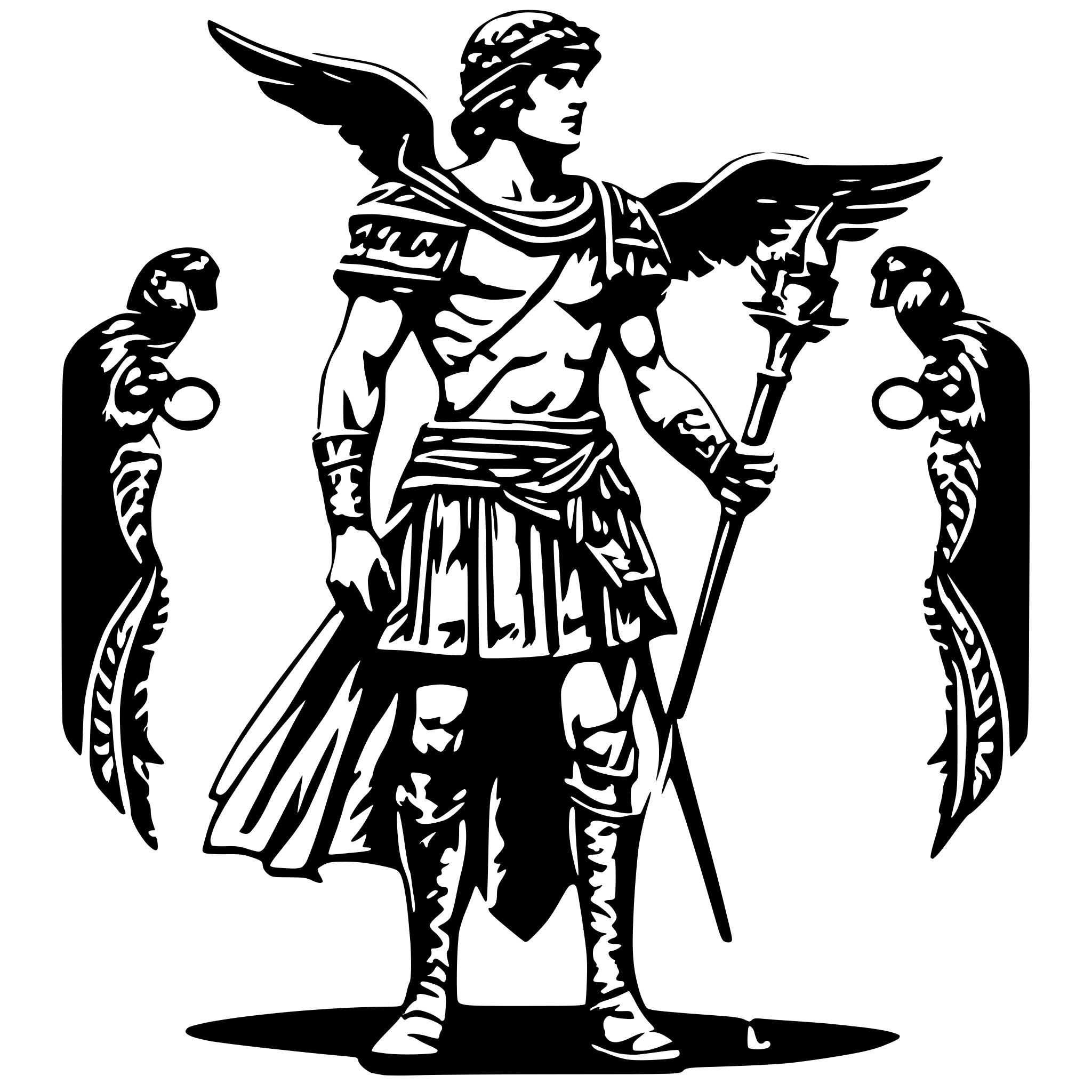 AI-generated SVG of 'detailed and elegant hermes drawing, greek god of voyagers and merchants,roman god mercure, thick lines, wearing his iconic winged helmet, winged boots, and holding his staff'