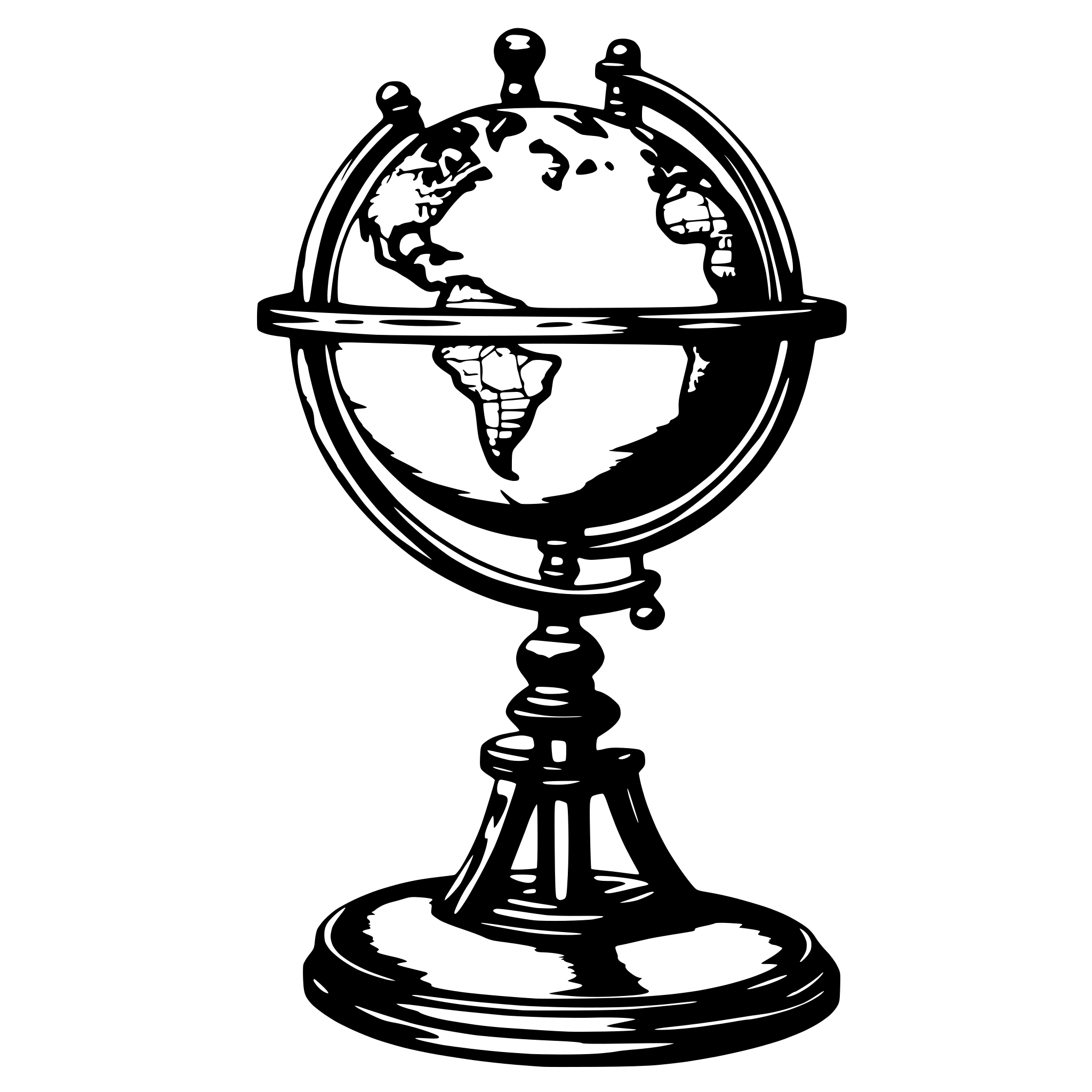AI-generated SVG of 'A black and white SVG artwork of a vintage globe mounted on an ornate wooden stand. The globe has visible latitude and longitude lines, and the stand includes carved details and a small drawer at the base.'