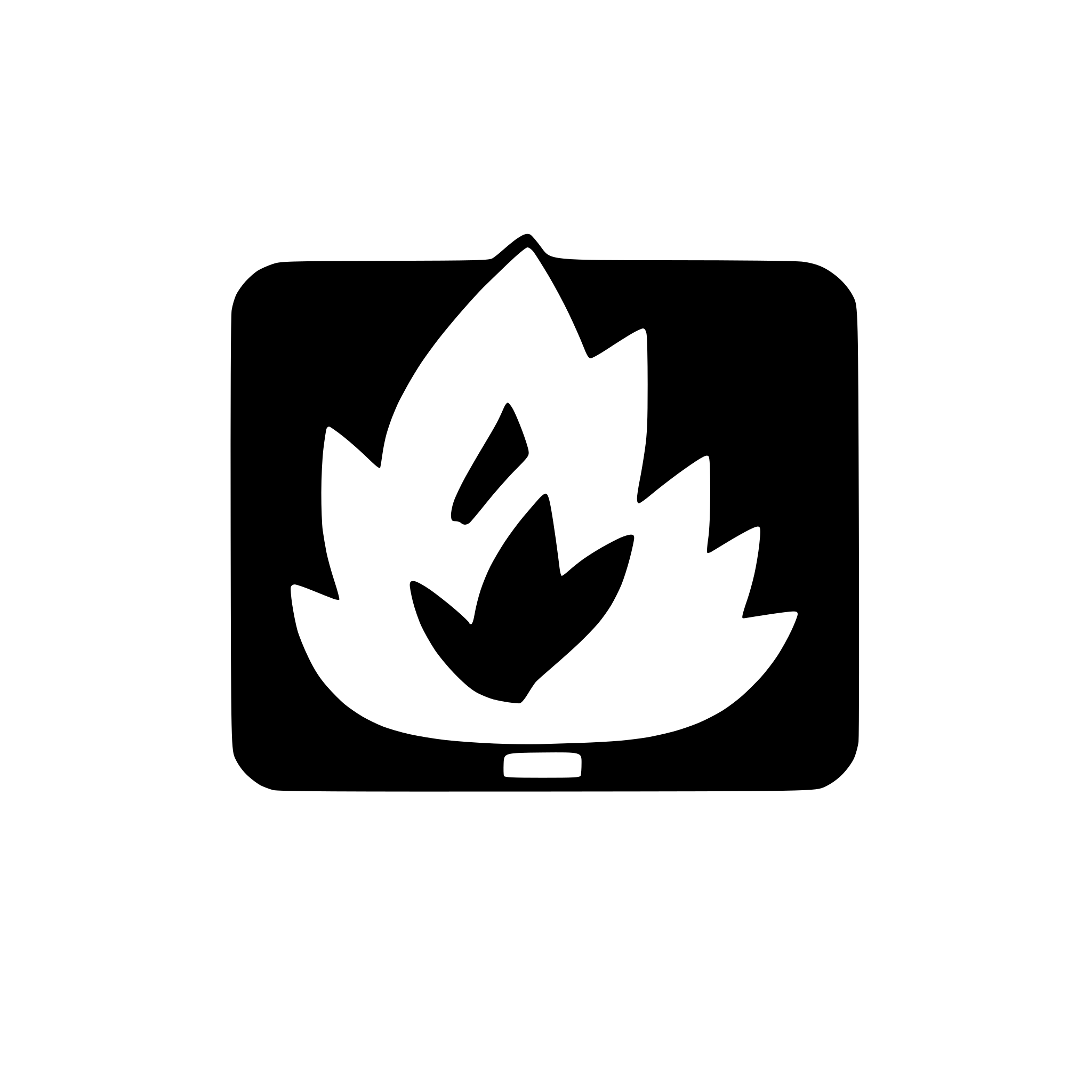AI-generated SVG of a square app icon with a dark blue background and a stylized white flame symbol split into two shapes in the center
