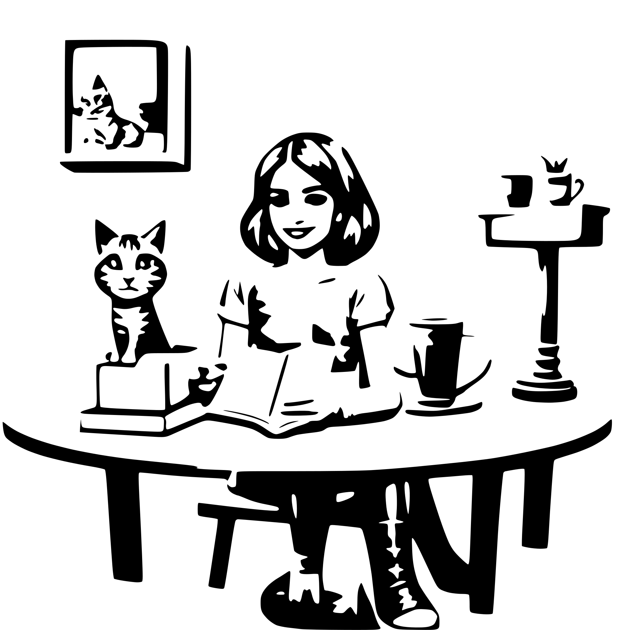 AI-generated SVG of 'a girl sitting on a desk with a coffee cup on it and she is holding a book. there are also 2 cats on the desk., line art, logo, circular'