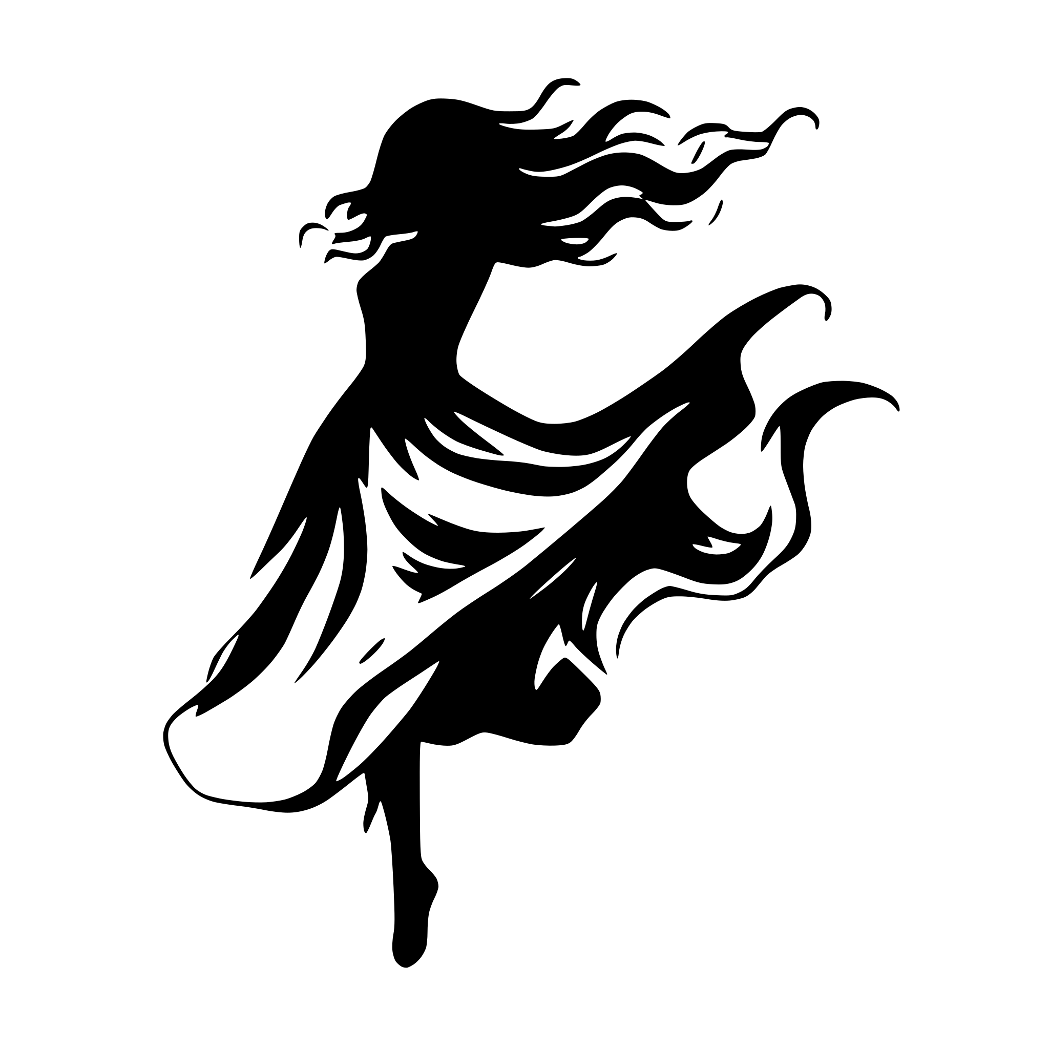 AI-generated SVG of a black silhouette of a banshee with hair blowing wildly in the wind, long flowing dress hovering off the ground, she is flying menacingly in the air