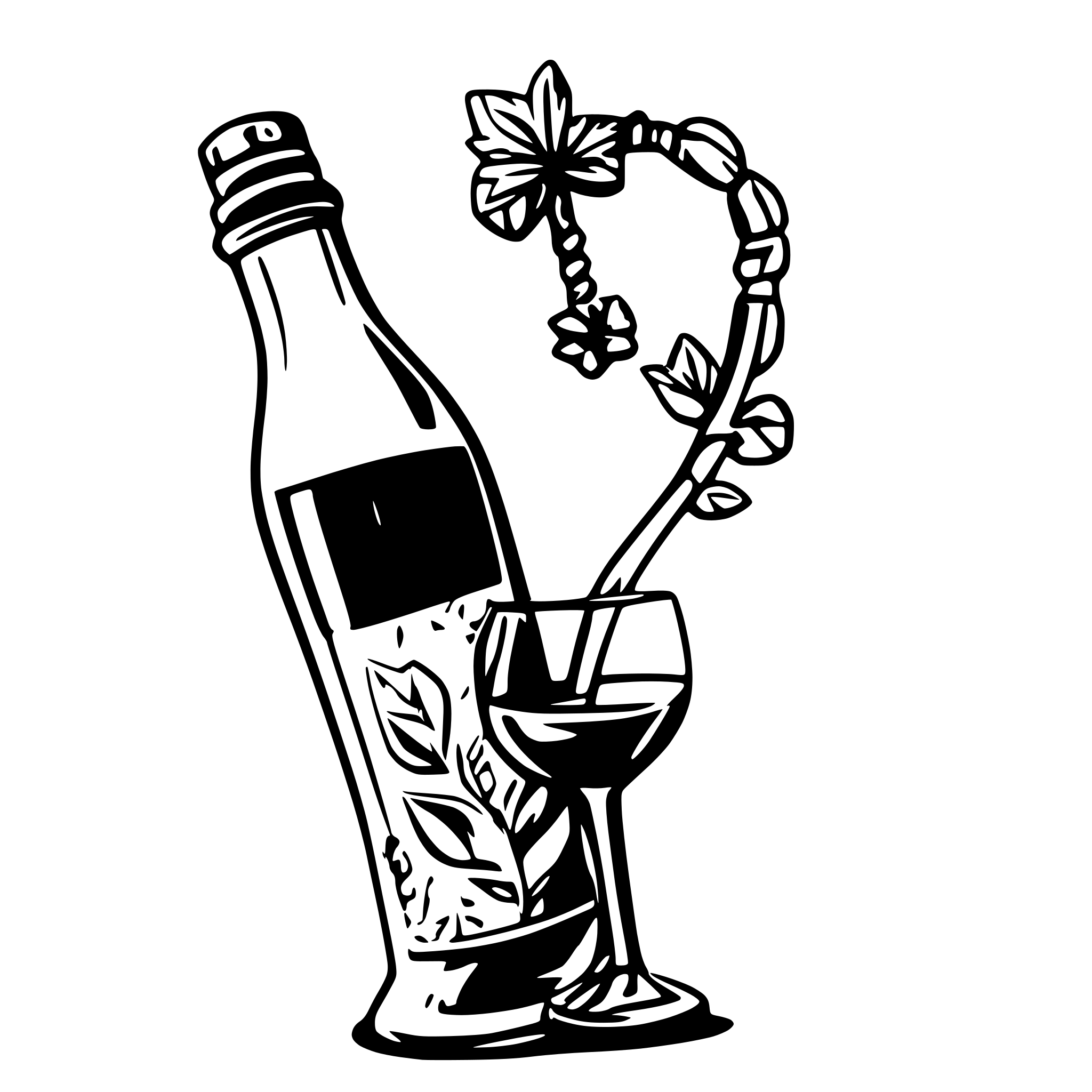 AI-generated SVG of a balanced bottle wine glass wine corkscrew