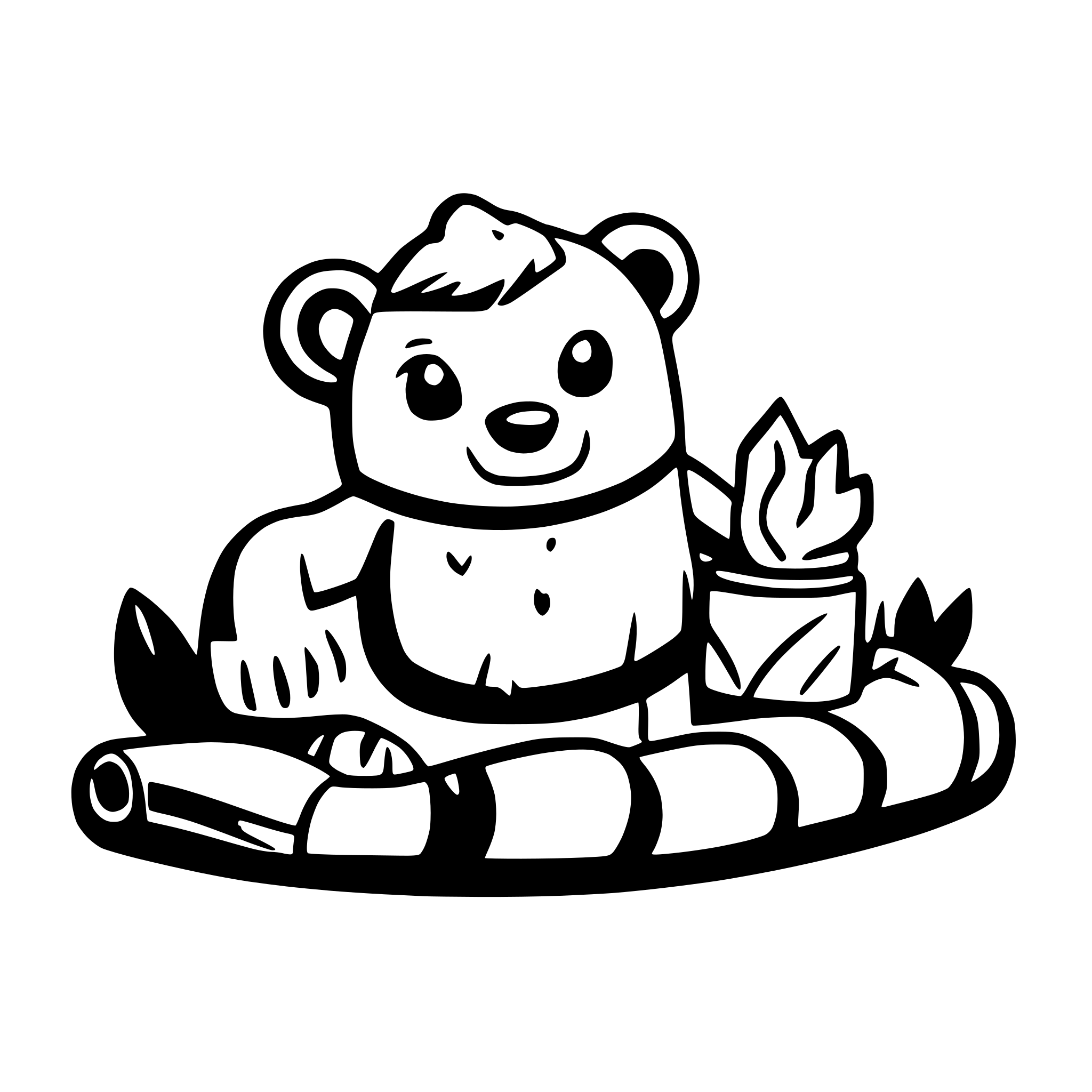 AI-generated SVG of a A cartoon bear lying on its back next to a campfire, in deep sleep, hibernating, with drool out of its mouth.