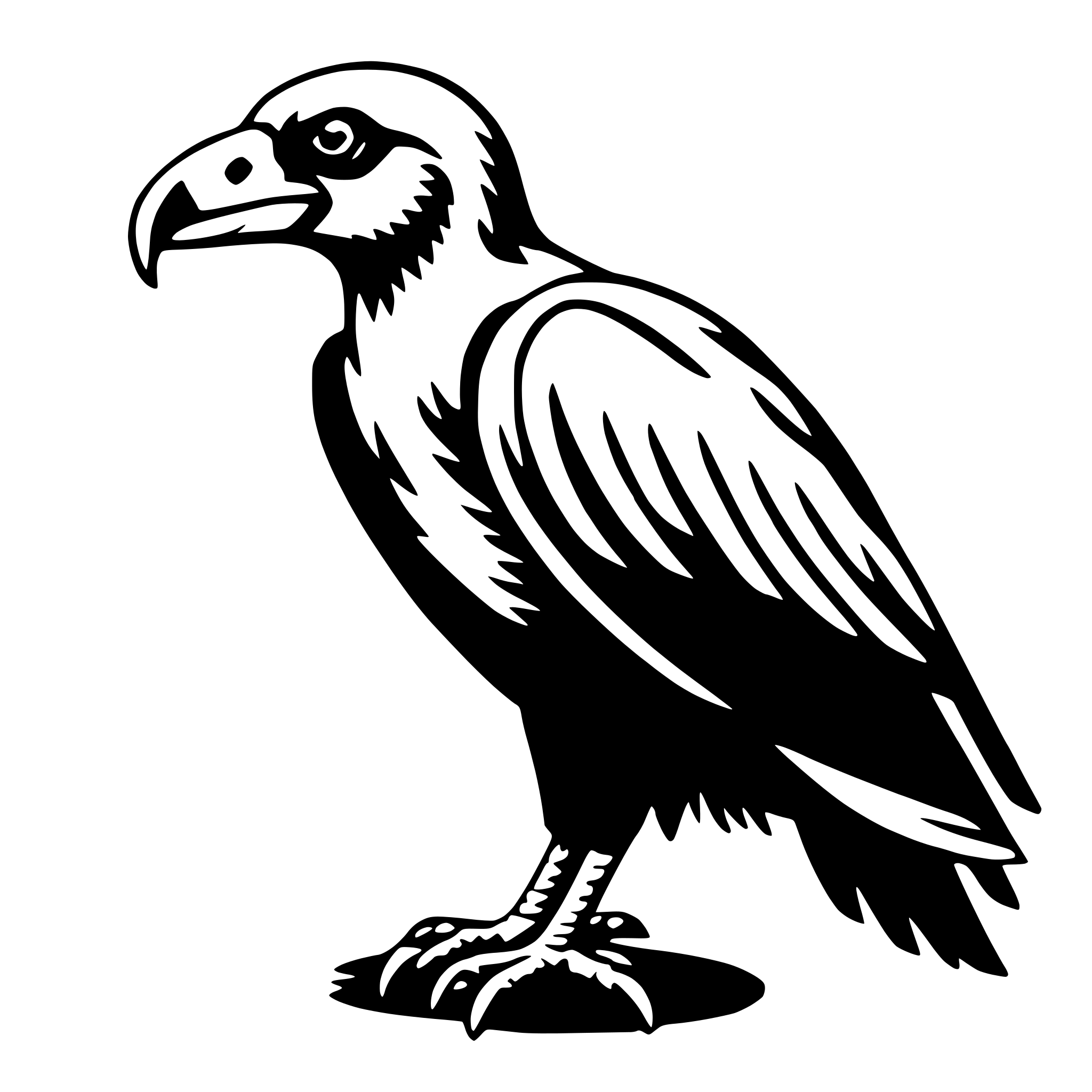 The SVG depicts a stylized black and white illustration of a bird, likely a raven or a similar species, standing on one leg. The bird has a prominent beak, a large head, and a detailed feather pattern. It is facing slightly to the left with its wings folded close to its body. The bird's tail feathers are spread out, and its legs are tucked under its body. The SVG is simple and does not contain any additional objects or interactions. 
