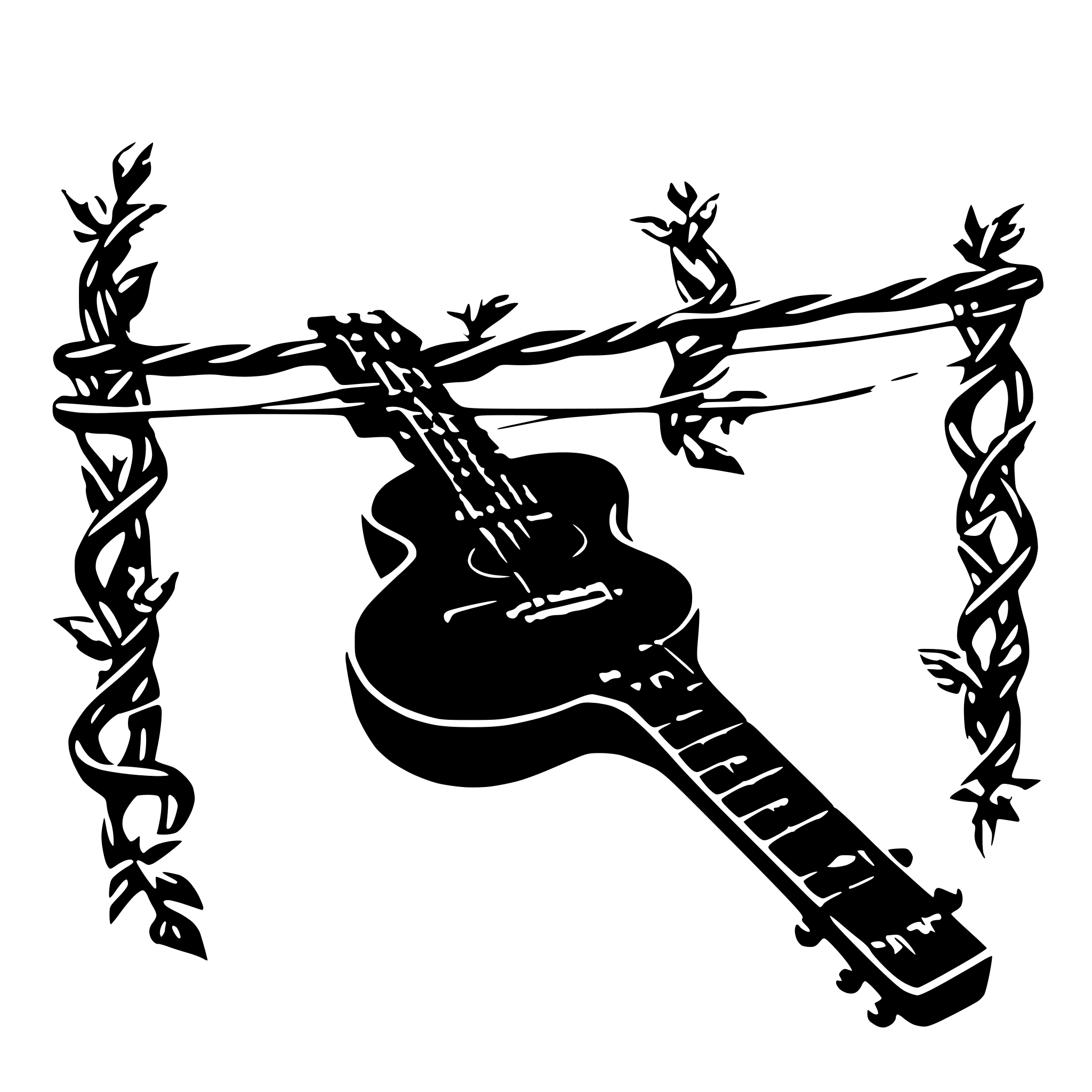 AI-generated SVG of a a long vine stretching through barbed wire and wrapping around a guitar, ^88878888111 AI-generated SVG of a a long vine stretching through barbed wire and wrapping around a guitar, ^88878888111