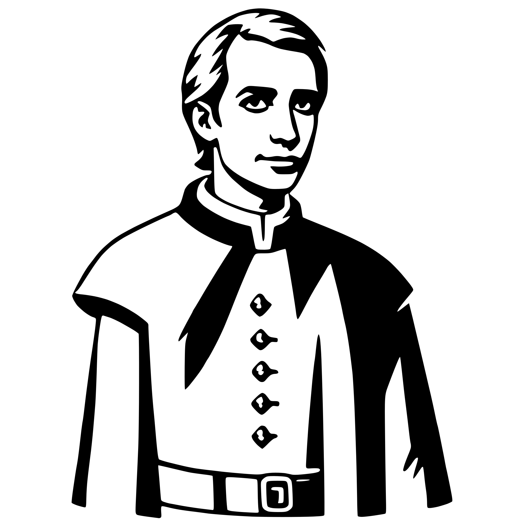 The SVG depicts a stylized, black and white illustration of a person. The individual appears to be a male with short hair, wearing a high-collared coat with a belt and a buckle visible. The style is simplistic and cartoon-like, with bold outlines and minimal shading. The person is facing the viewer directly, and there are no other objects or interactions depicted in the SVG. 
