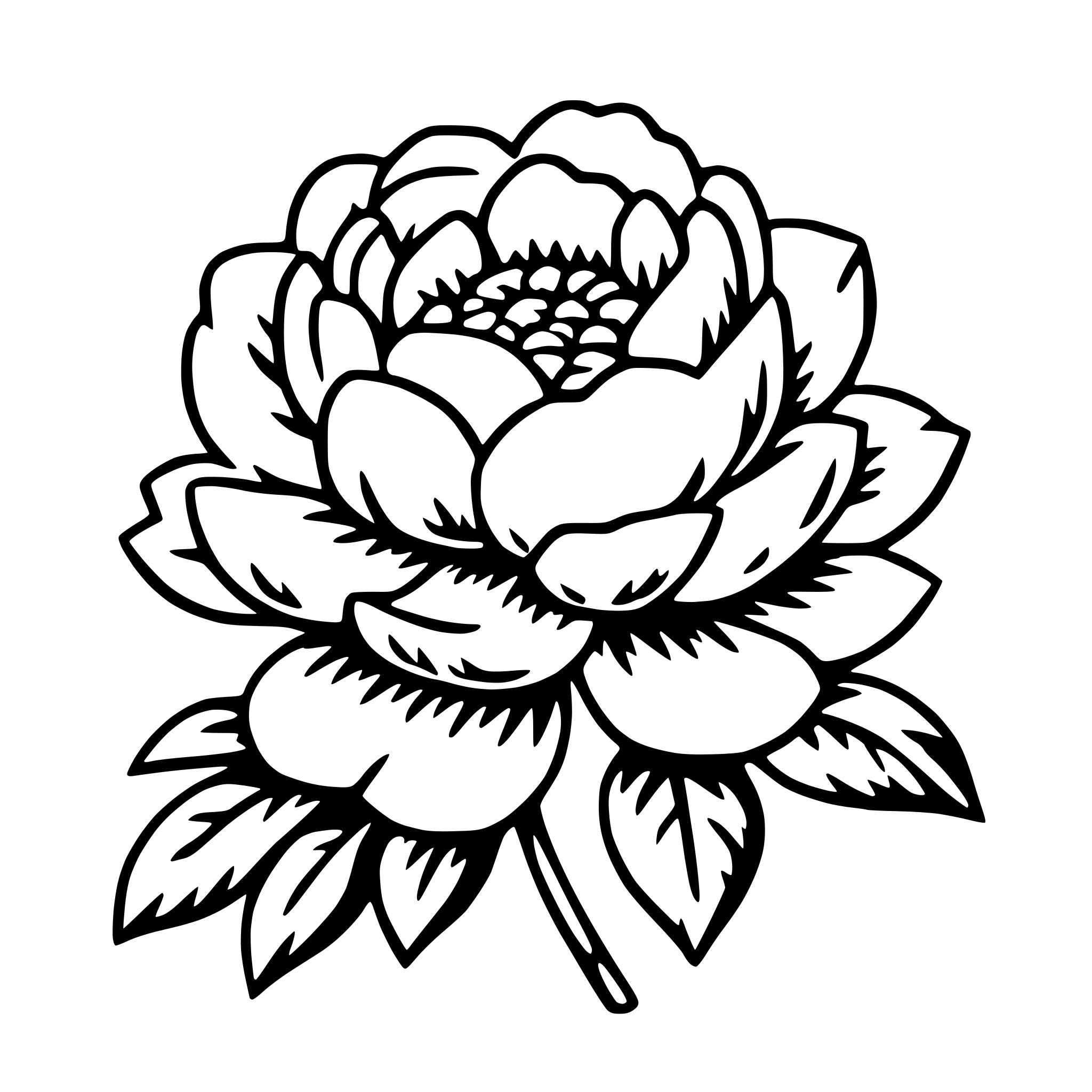 The SVG depicts a stylized, symmetrical flower with a central cluster of petals that radiate outward. The flower has a series of layered petals that are arranged in a circular pattern, with the innermost petals being the largest and the outermost petals being smaller and more pointed. The petals are detailed with a textured pattern that suggests a natural, organic surface. The center of the flower is a darker shade, possibly indicating a different texture or a contrasting element within the flower. The stem of the flower is visible at the bottom, with a single leaf extending from it. The overall style of the SVG is simple and elegant, with clean lines and a limited color palette. 