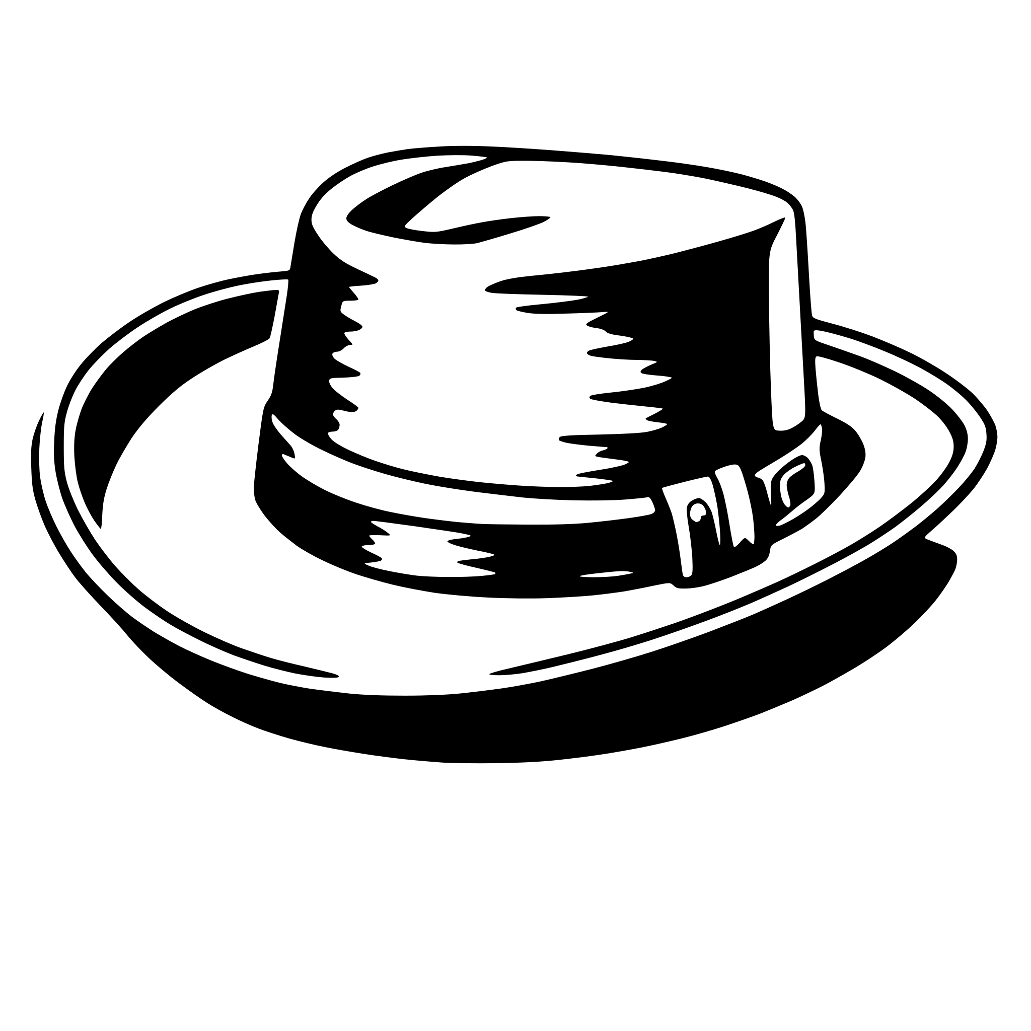 The SVG shows a stylized black and white illustration of a cowboy hat. The hat is depicted with a wide brim and a high, rounded crown. It appears to be a simple, cartoon-like representation rather than a realistic one. The hat is centered on the SVG and is the only object present. There is no interaction between objects as the SVG only contains a single object. 
