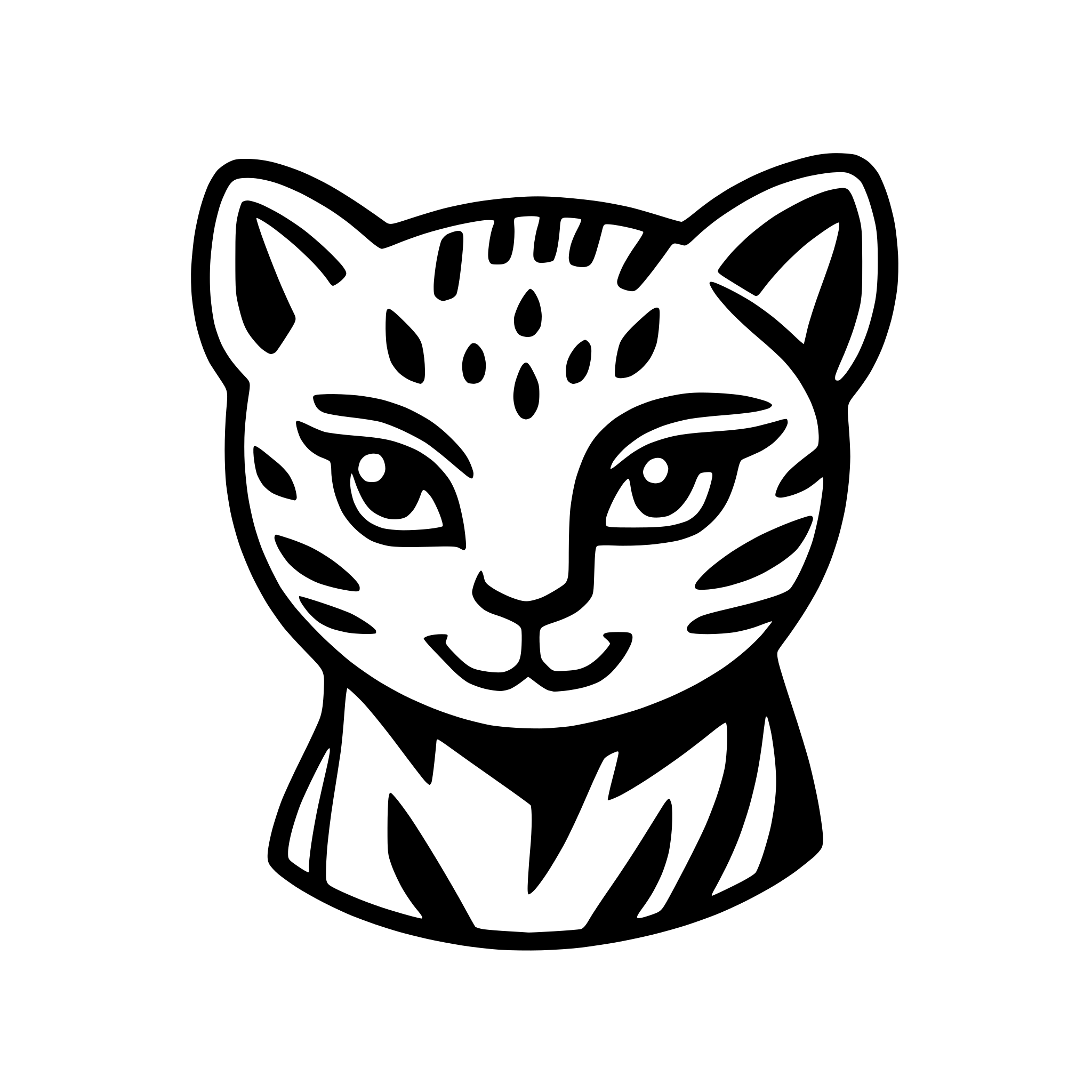 AI-generated SVG of a head of very cute leopard cat, big dark black eyes, with Two significant long vertical lines on forehead, very very extremely simplified, snoopy like drawing, looking straight ahead
