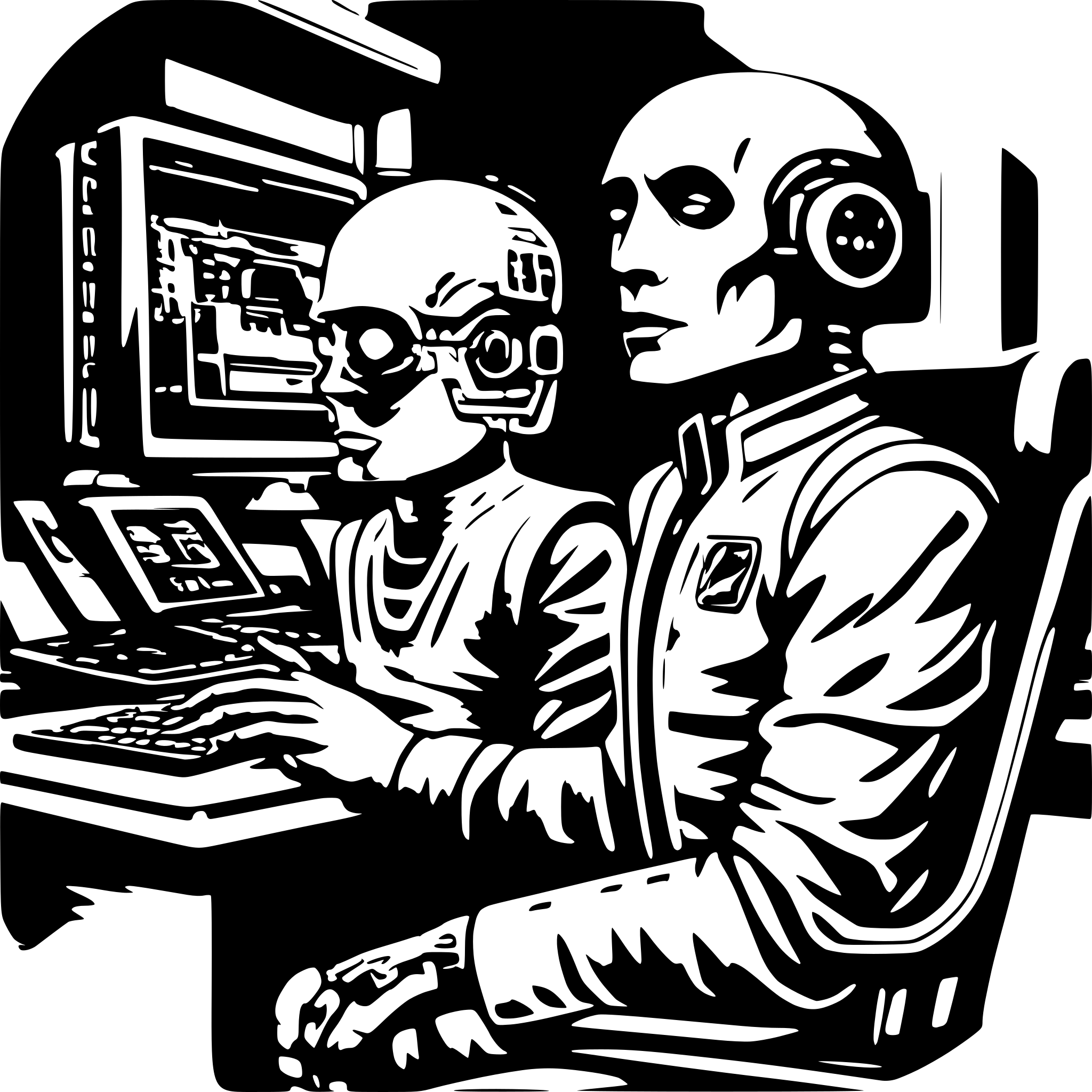 AI-generated SVG of 'Saarinenian Futurist cyberpunk cybernetic developer working on human machine interfaces at his workstation'