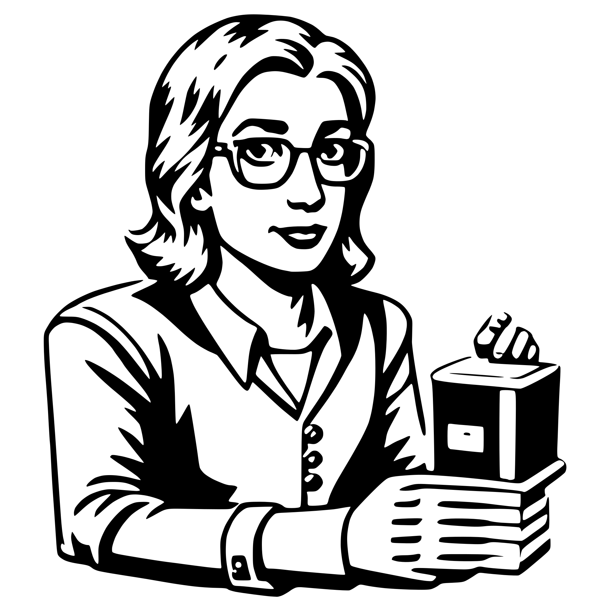 The SVG depicts a stylized illustration of a person. The individual is wearing glasses and has long hair. They are dressed in a collared shirt with a tie and are holding a book in their hands. The person appears to be seated and is looking directly at the viewer. The style of the illustration is simplistic and cartoon-like, with solid black outlines and no shading or gradients. The SVG does not contain any text or additional objects. The interaction between the objects is straightforward, with the person holding the book, which suggests a theme of reading or learning. 