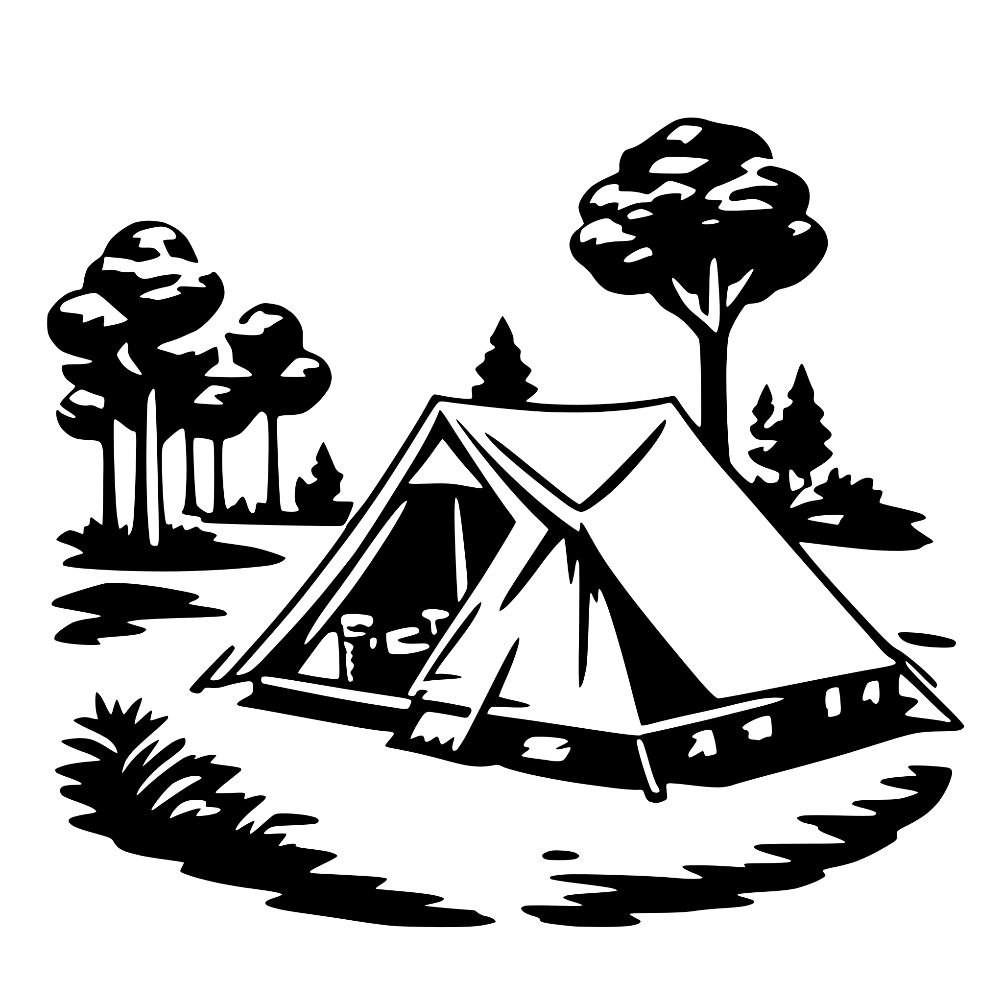 The SVG depicts a simple, stylized camping scene. At the center is a tent with a triangular roof, pitched on a grassy area. The tent has a small door and a window on the side. To the left of the tent, there is a tall, thin tree with a rounded canopy, and to the right, there is another tree of similar shape. In the foreground, there is a small patch of grass and a few scattered pine needles. The overall style is minimalistic and appears to be designed for a logo or icon, with clean lines and a limited color palette. 