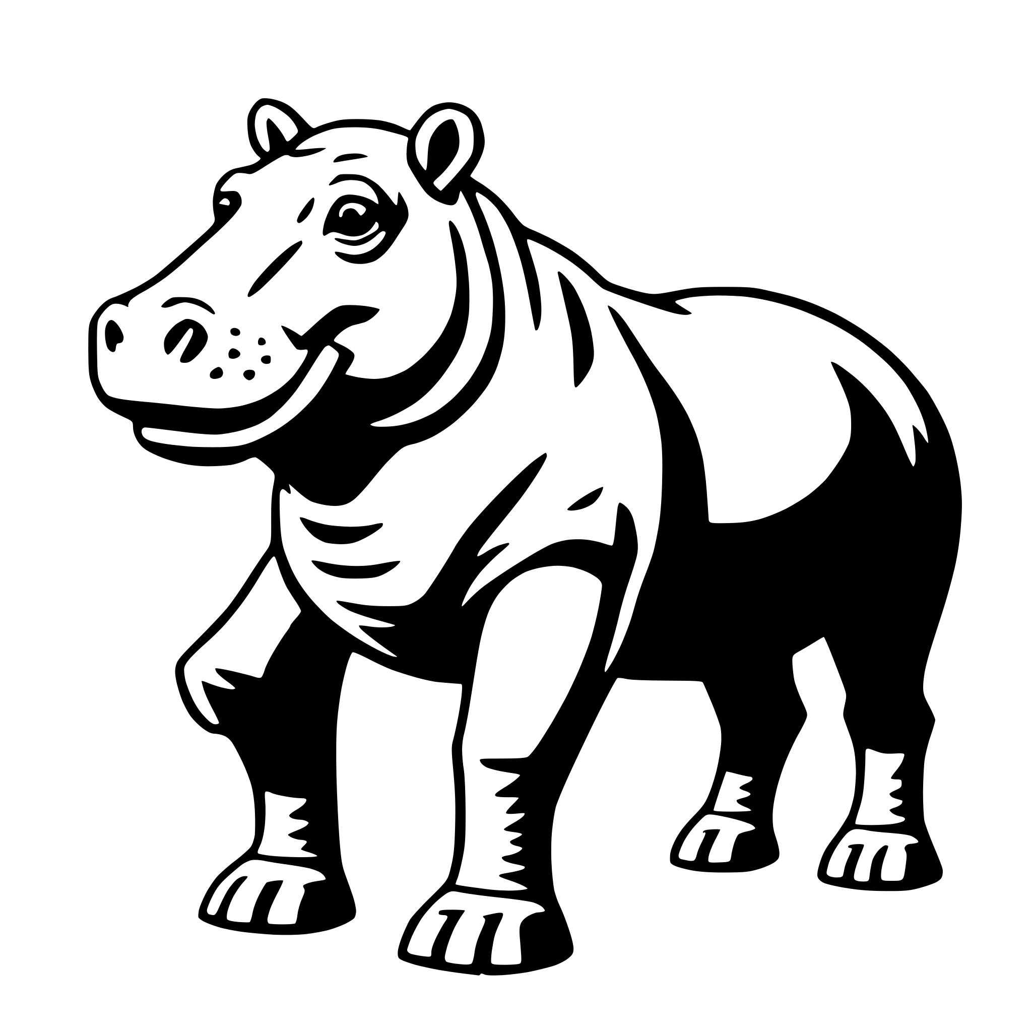 The SVG depicts a stylized, cartoon-like depiction of a hippopotamus. The hippo is standing upright on its hind legs, with its front legs raised as if it is walking or in a playful pose. It has a large, round body, a long snout with a visible mouth, and a pair of small, rounded ears. The SVG is simple and lacks intricate details, focusing on the basic shape and features of the animal. 