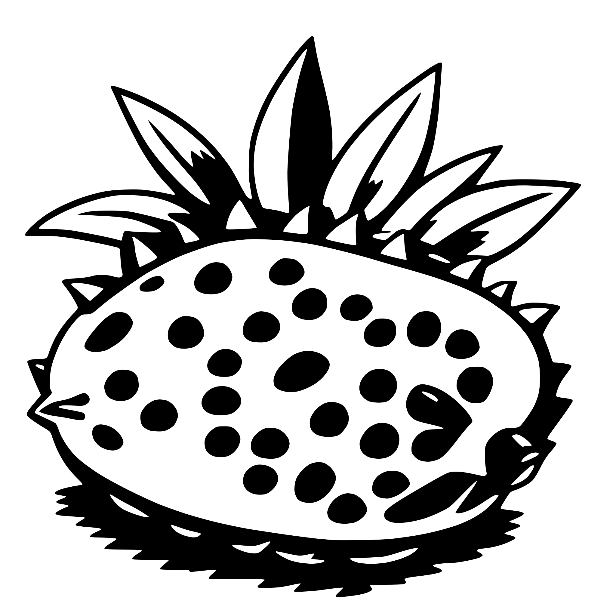 The SVG depicts a stylized, cartoon-like illustration of a flower with a spiky center. The flower has a series of pointed petals radiating outward from the center, which is adorned with a pattern of dots. The petals are outlined with a thin line, and the interior of the petals is filled with a solid color. The flower is set against a plain background. The style of the illustration is simple and graphic, with a limited color palette and a lack of shading or texture, which gives it a flat appearance. 