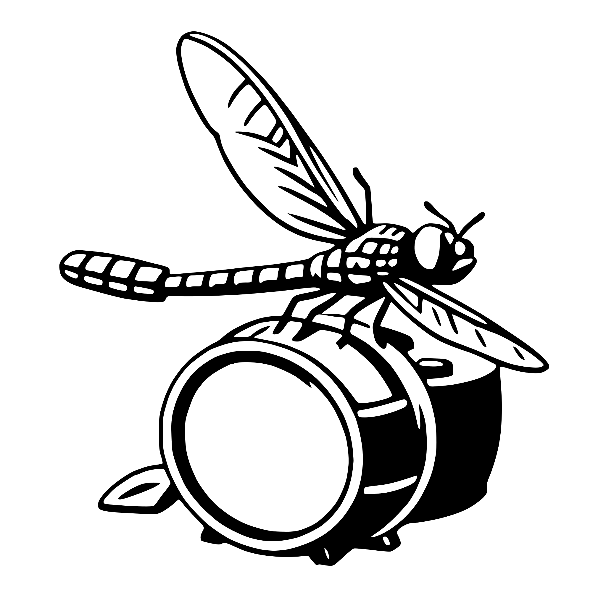 The SVG depicts a stylized illustration of a beetle perched on a drum. The beetle is facing the viewer, with its elytra (wing covers) spread out, revealing its hardened wing cases. The drum is shown with a visible drumhead and a small, pointed drumstick. The beetle appears to be resting on the drum, and there is a small, simple depiction of a leaf or a piece of debris near the drum. The style of the illustration is simplistic and cartoonish, with bold outlines and minimal shading. 