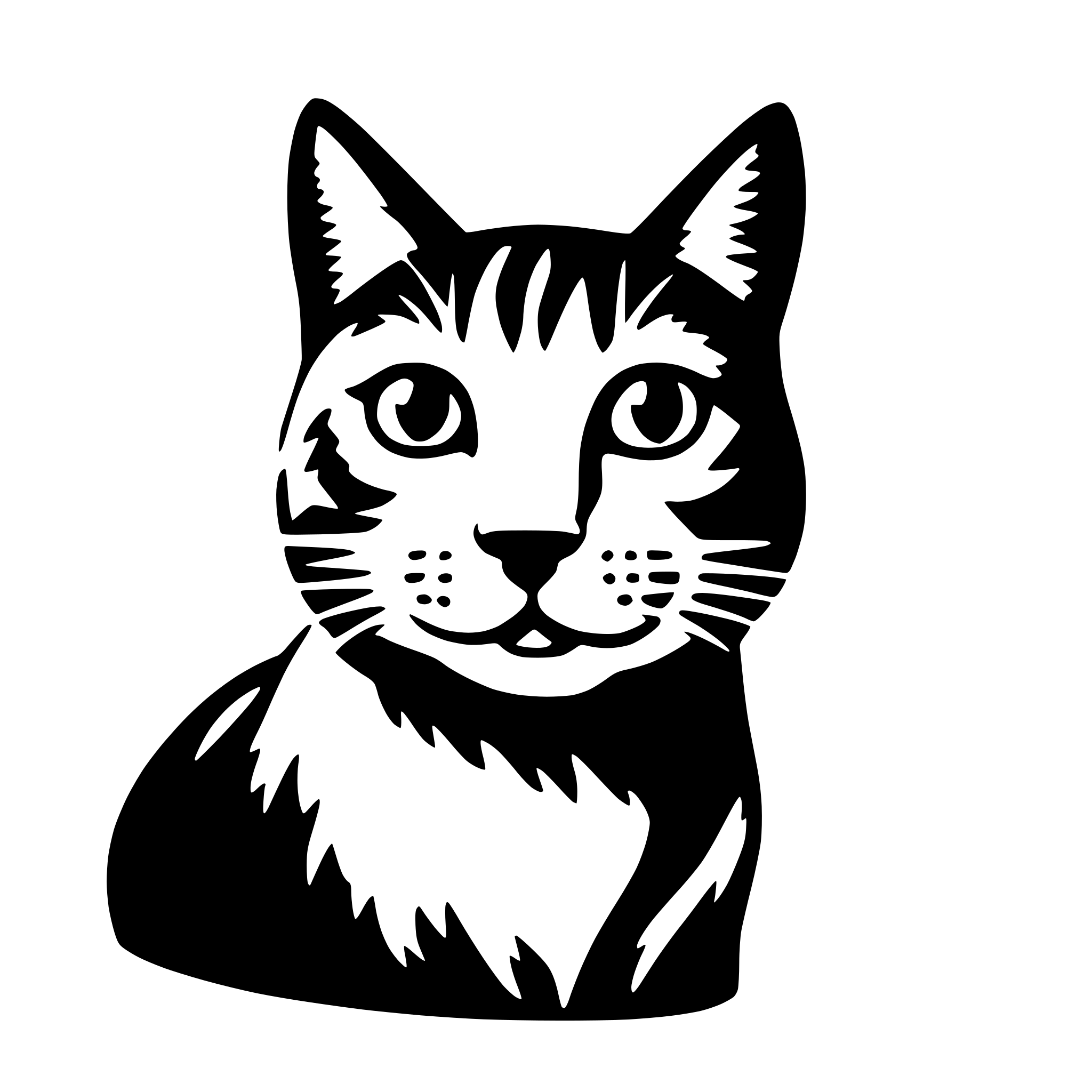 The SVG shows a stylized black and white illustration of a cat. The cat is depicted in a simplified, cartoon-like manner with a round head, two ears, two eyes, a nose, and a mouth. It has a striped pattern on its body, which is typical for a cat's fur. The cat is facing the viewer directly, and its body is oriented horizontally. The SVG does not depict any interaction between objects; it is a single, self-contained illustration of a cat. 