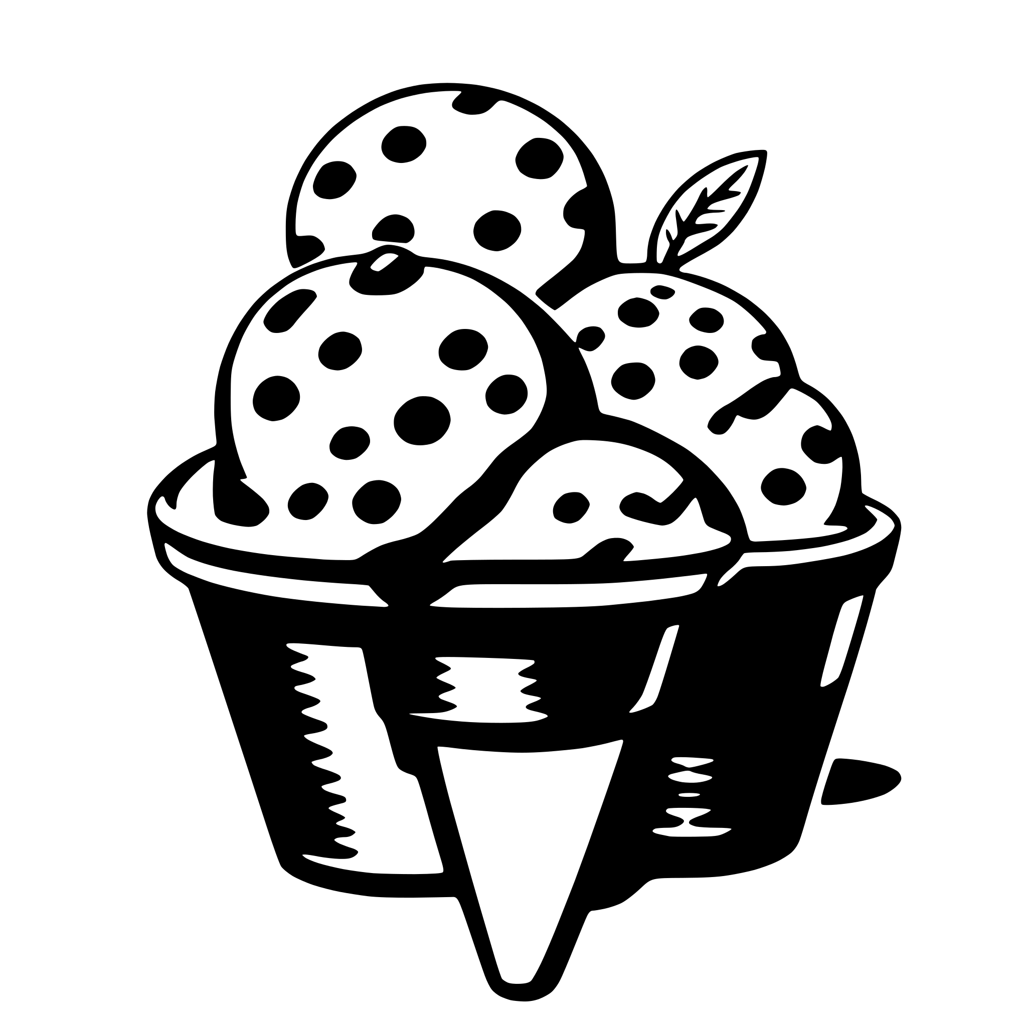 The SVG depicts a black and white illustration of a bowl filled with what appears to be a fruit-based dessert, possibly ice cream or a similar treat. The bowl has a scoop-like handle on the right side, suggesting it is designed for serving. The dessert is topped with a leaf, which could be a decorative element or a piece of the fruit used in the dessert. The fruit itself is not clearly identifiable due to the monochrome nature of the SVG, but it has a patterned texture that might suggest a fruit with a speckled or dotted skin, such as a strawberry or a similar berry. The overall style of the SVG is simple and cartoonish, with bold outlines and a limited color palette. 